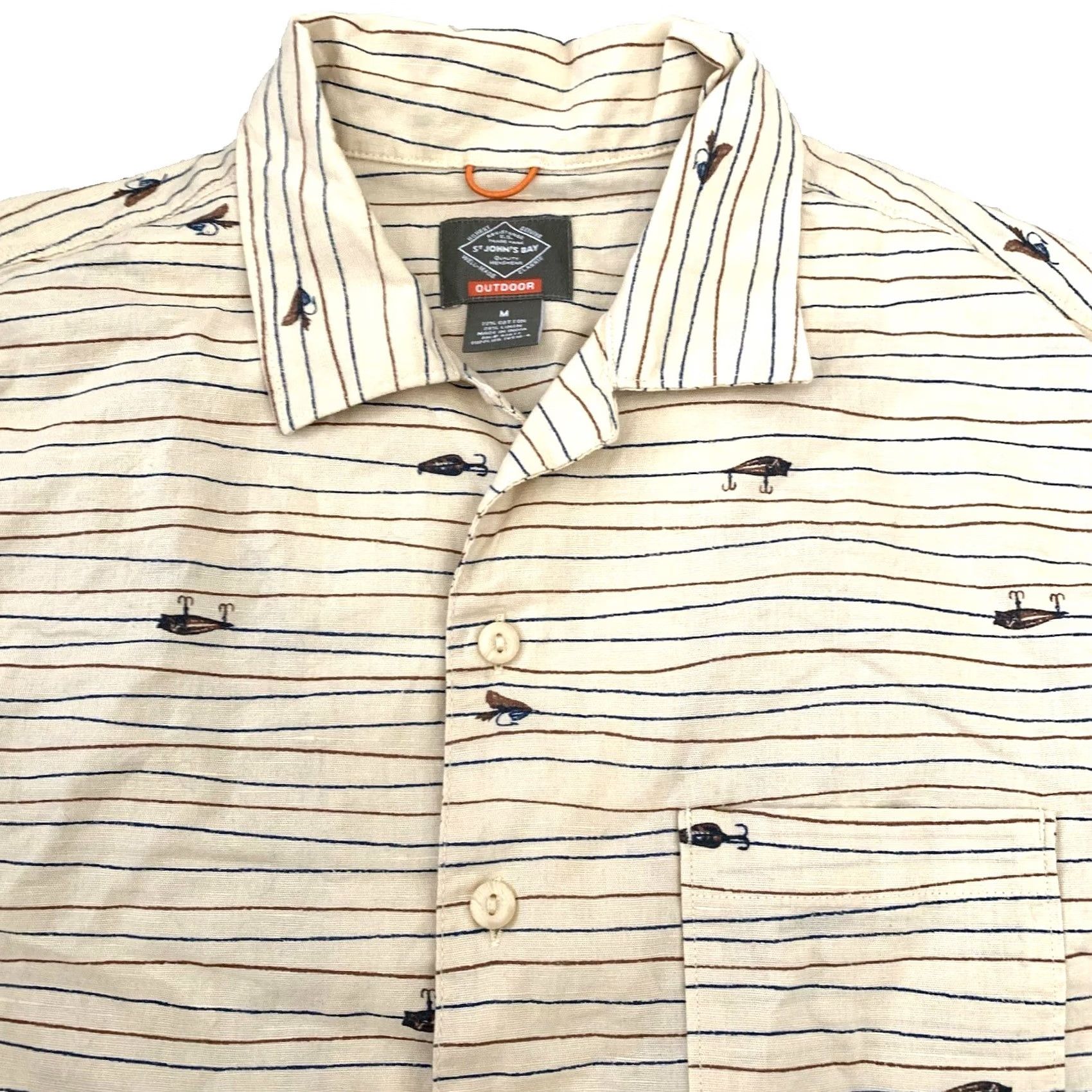 Vintage St Johns Bay Outdoor Camp Shirt Mens Medium Linen Blend Ivory Fishing Lures NEW Size US M / EU 48-50 / 2 - 7 Thumbnail