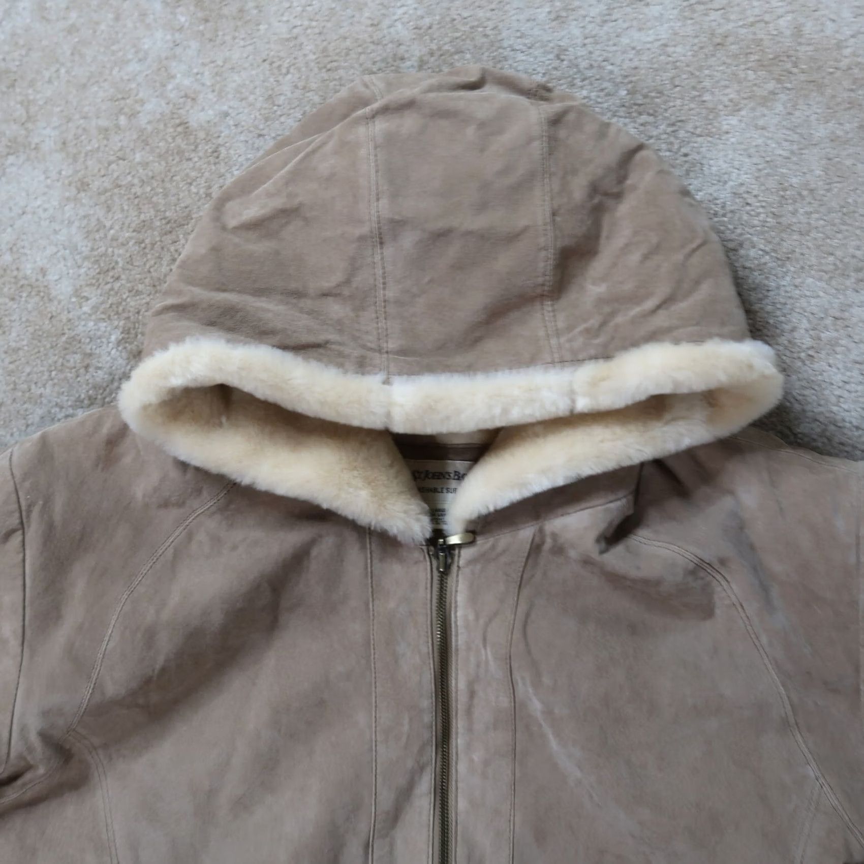 Vintage St Johns Bay Coat Jacket Womens Large Tan Suede Leather Washable Lined Zip Hooded Mid-Length Size L / US 10 / IT 46 - 4 Thumbnail