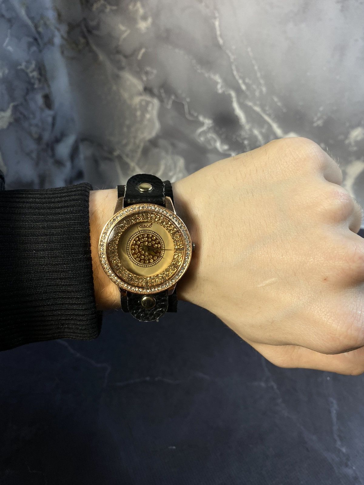 Vintage Disco Gold-Tone Rhinestone Watch with Leather Strap Size ONE SIZE - 1 Thumbnail