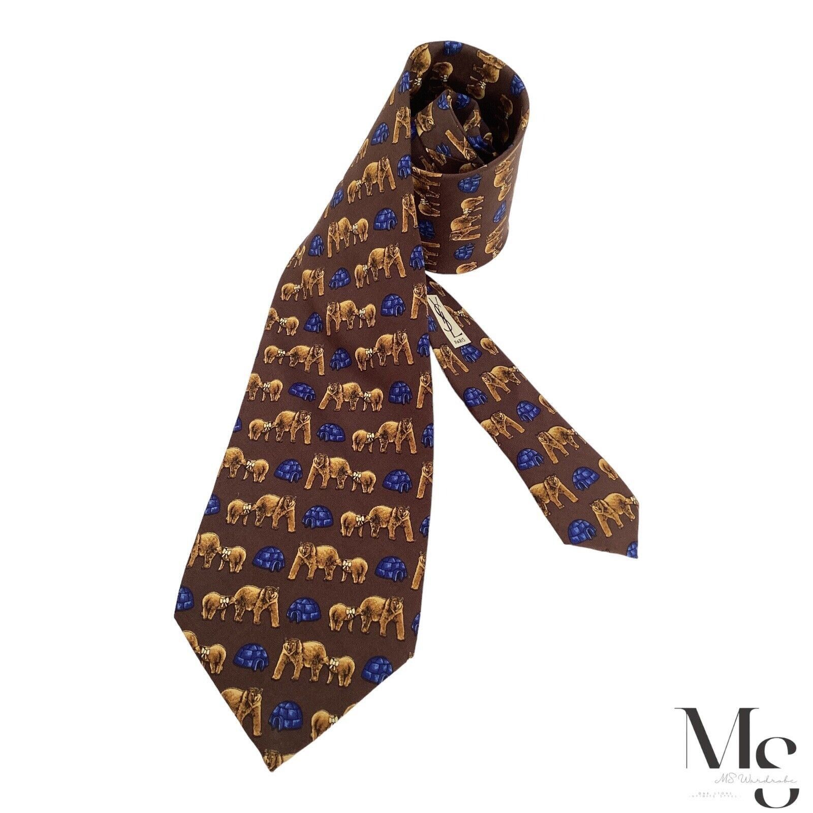 Yves Saint Laurent YVES SAINT LAURENT Brown Bear & Igloo Print Silk Tie Italy Size ONE SIZE - 1 Thumbnail