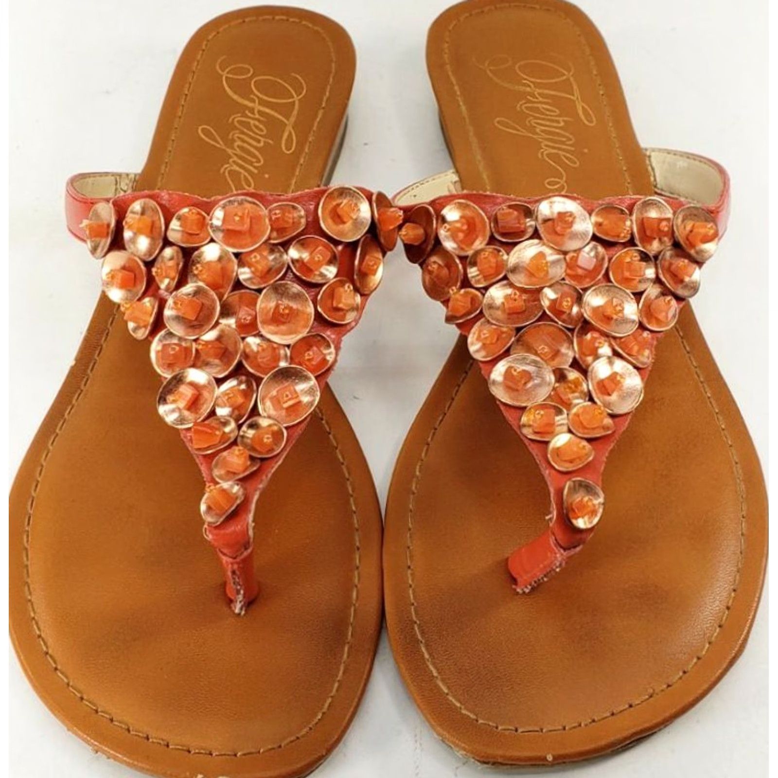 Vintage Fergie Tarca Women’s Thong Flat Sandals Size 7.5M Orange with Shell Bead Bling! Size US 6 / IT 36 - 3 Thumbnail