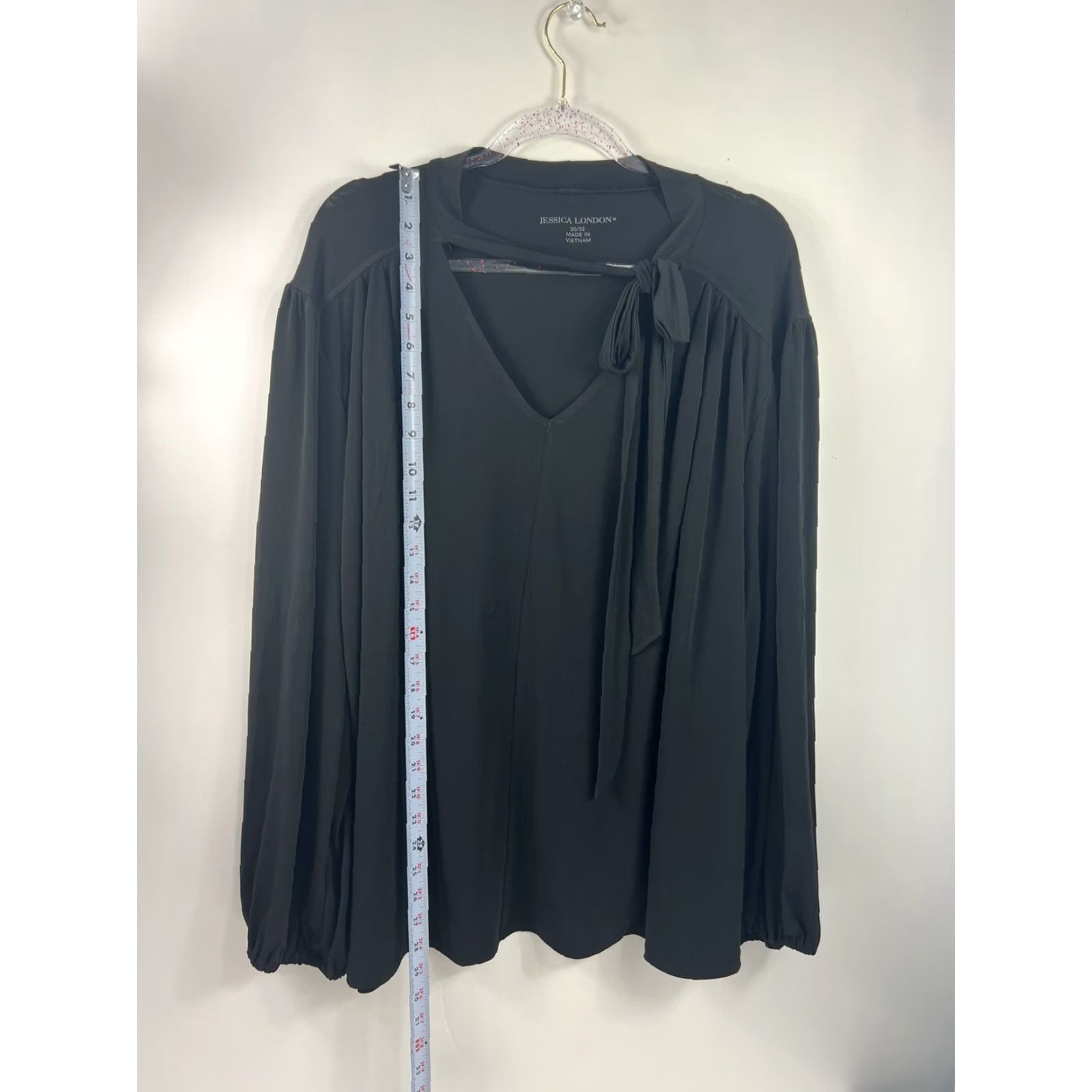 Jessica London Blouse Women's Plus Sz 30/32 Black V-Neck With Tie Long Sleeve