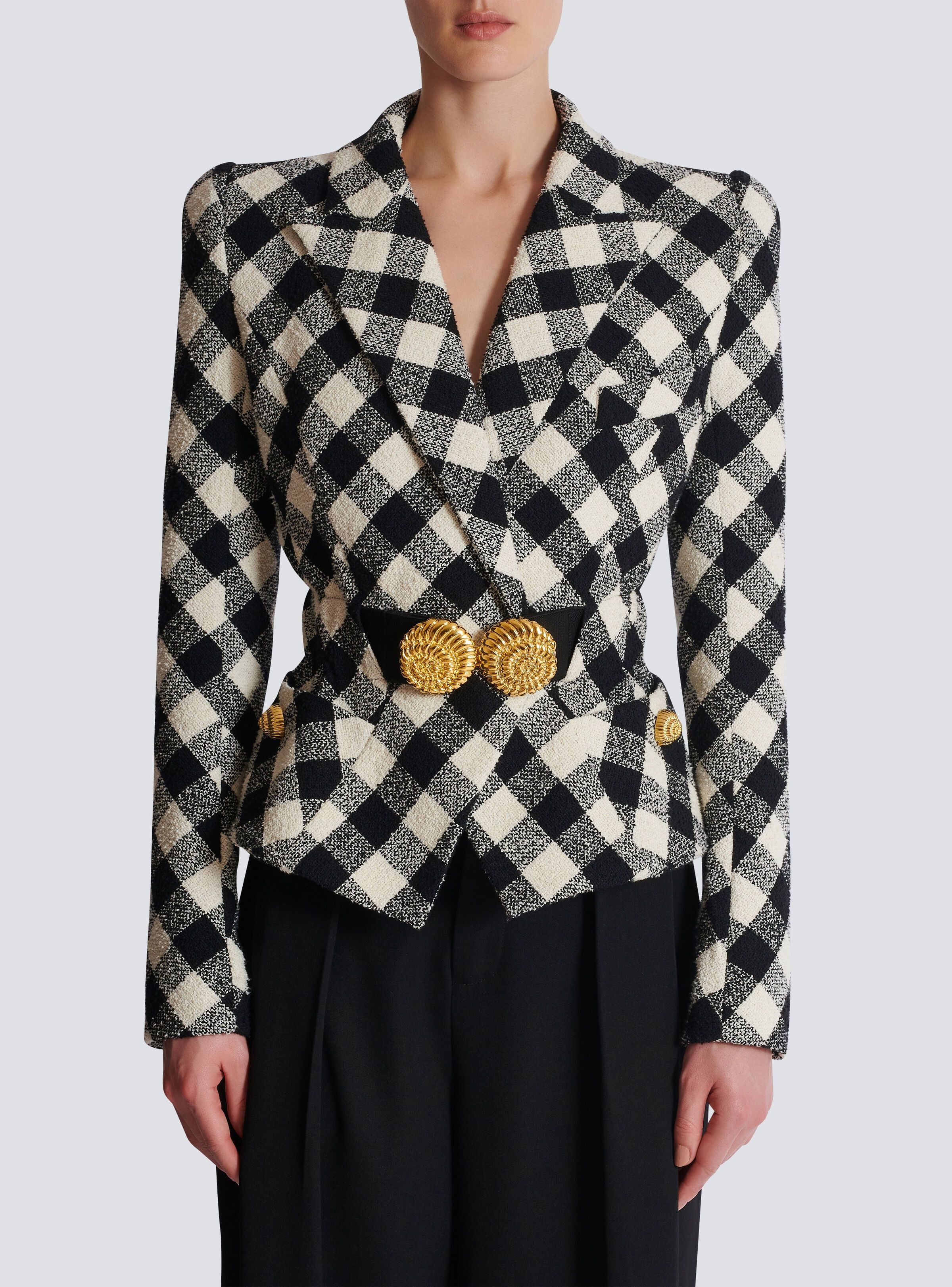 Balmain o1s1wg111025 Belted Gingham Tweed Jacket in Black/White Size XS / US 0-2 / IT 36-38 - 5 Thumbnail