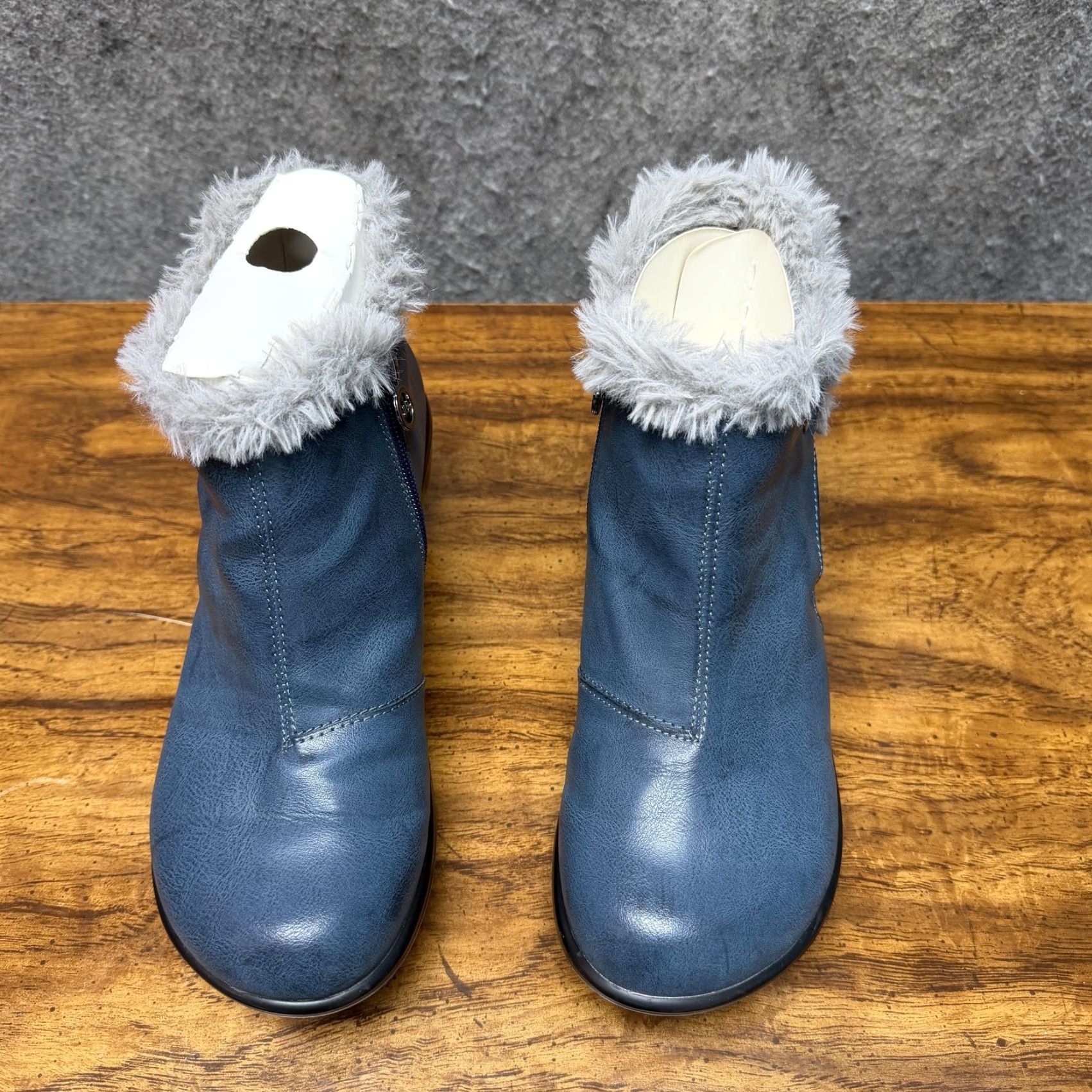 JBU Mesa Boots Women 7.5 Midnight Navy Faux Fur Wedge Booties Vegan Memory Foam Casual Winter