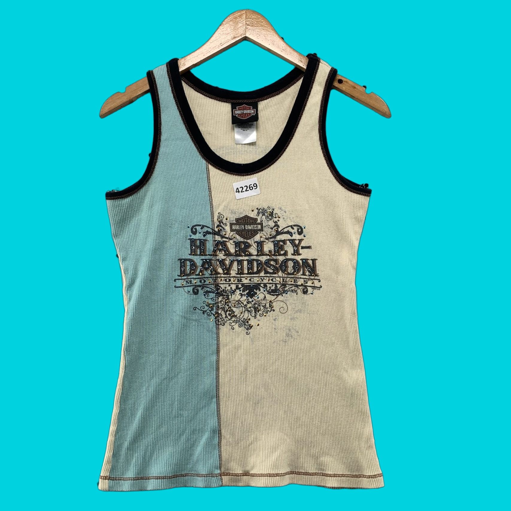Harley Davidson Harley-Davidson Women's Tank Top XL Vintage Blue Beige Sleeveless Motorcycle Shirt Size L / US 10 / IT 46 - 1 Thumbnail