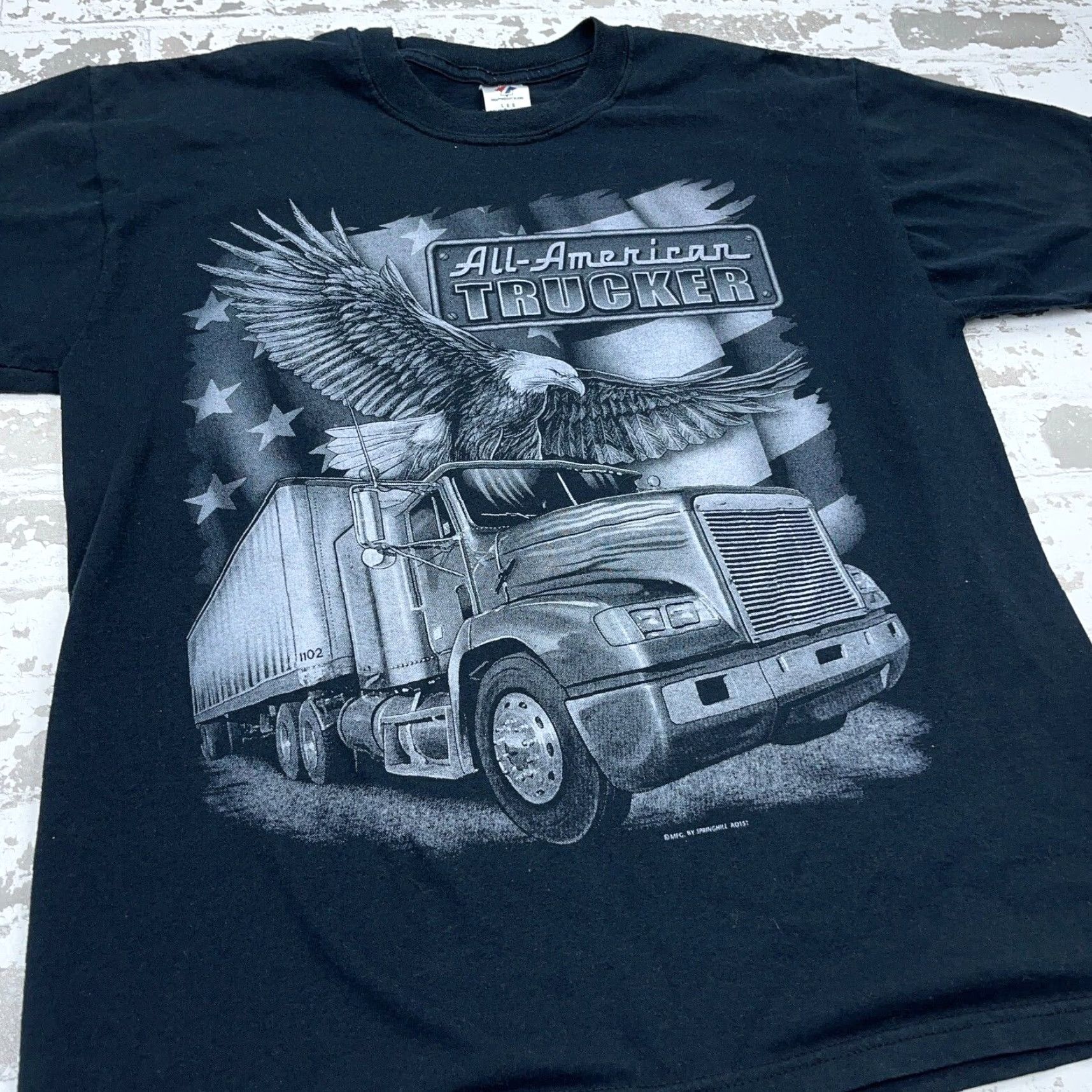 Jerzees VINTAGE Jerzees Trucking Shirt Men L Black Tee 80s Retro Graphic Print All American Trucker Eagle Size US L / EU 52-54 / 3 - 6 Thumbnail