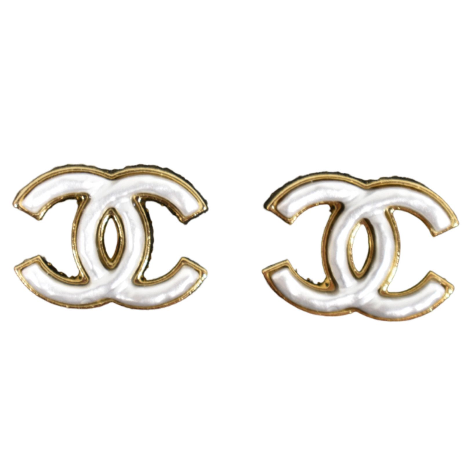 Chanel Chanel Gold Pearl White Interlocking Statement Stud Earrings Size ONE SIZE - 1 Thumbnail