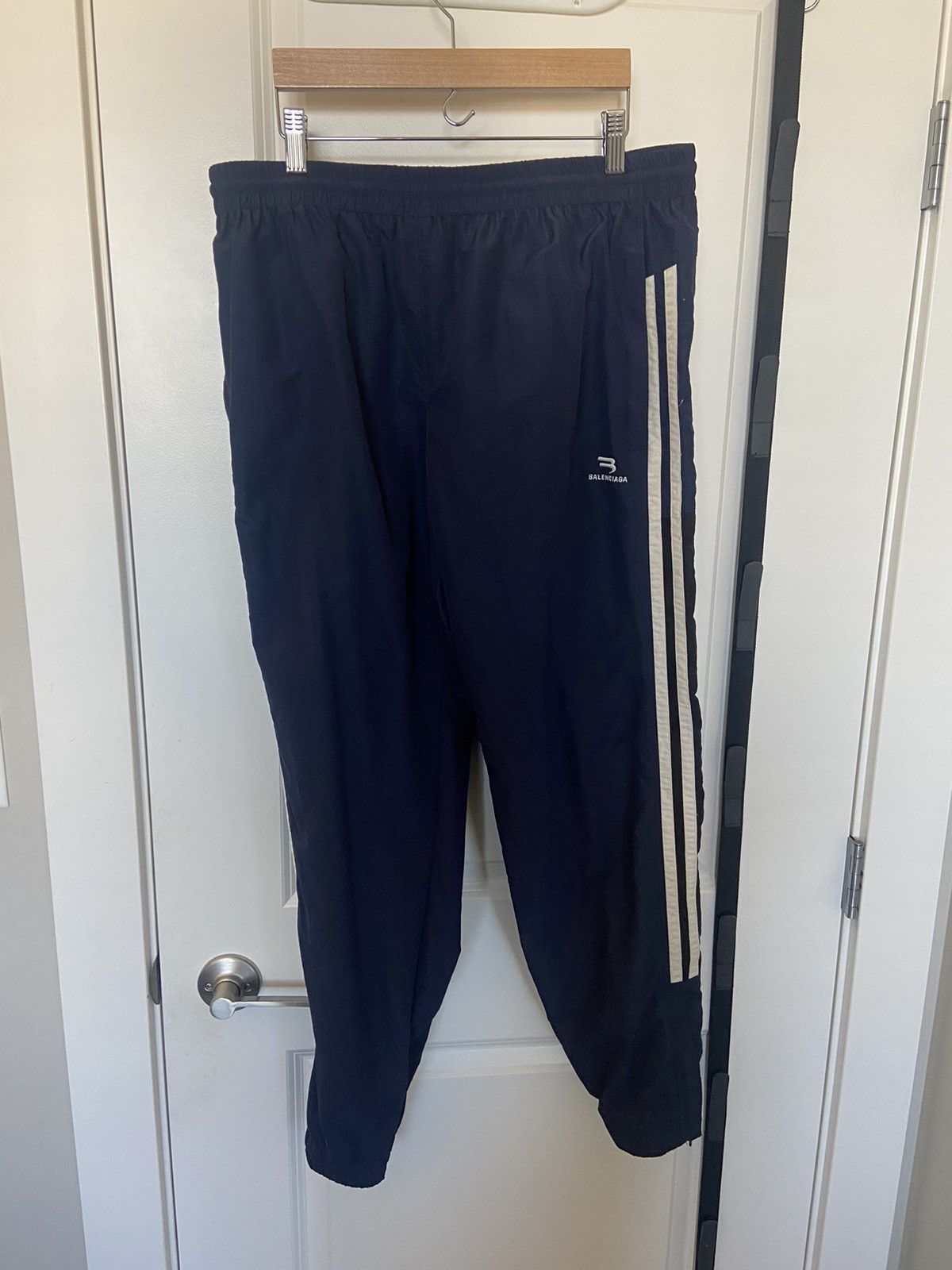 image of Balenciaga Fw2021 Sporty B Tapered Fit Striped Track Pants in Blue, Men's (Size 34)