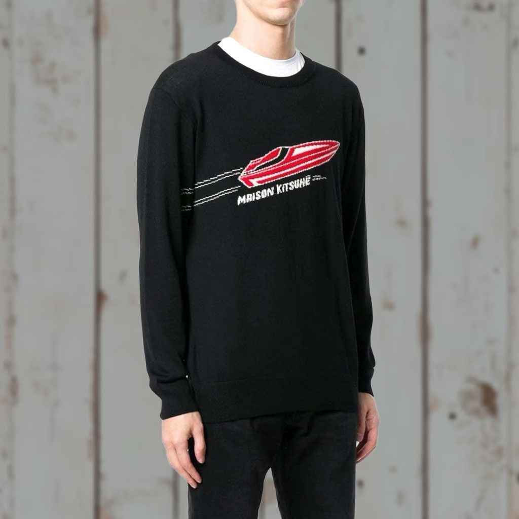 Vintage Maison Kitsune Paris Speedboat Wool Laine Sweaters M Black Mens Sweater Knit Wool Crew Neck Pullover Vintage-Style Paris Theme 90s? Size US M / EU 48-50 / 2 - 1 Thumbnail