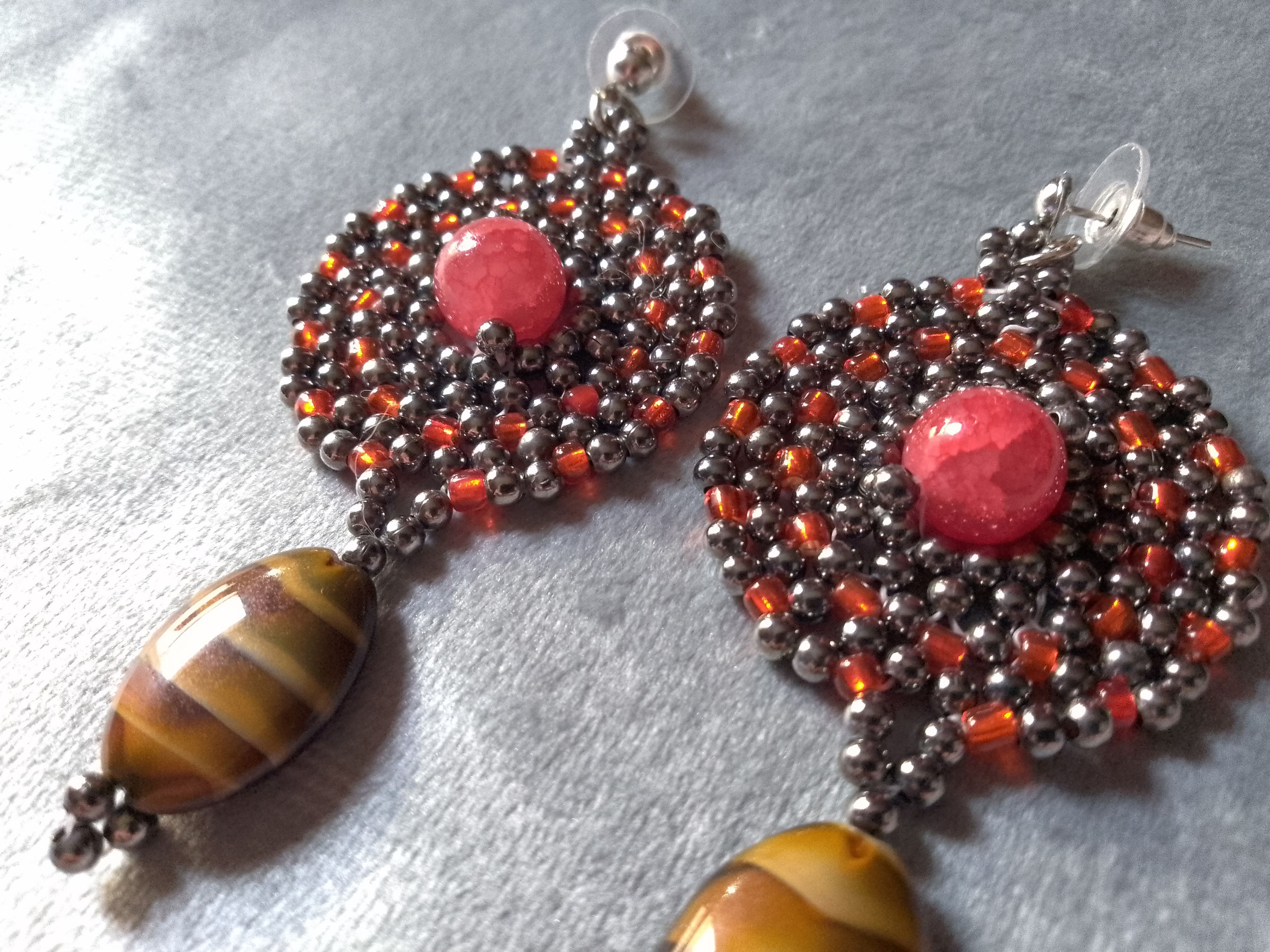 Handmade Earrings Vintage brass Long Red agate+eye of tiger gemstones Size ONE SIZE - 2 Thumbnail