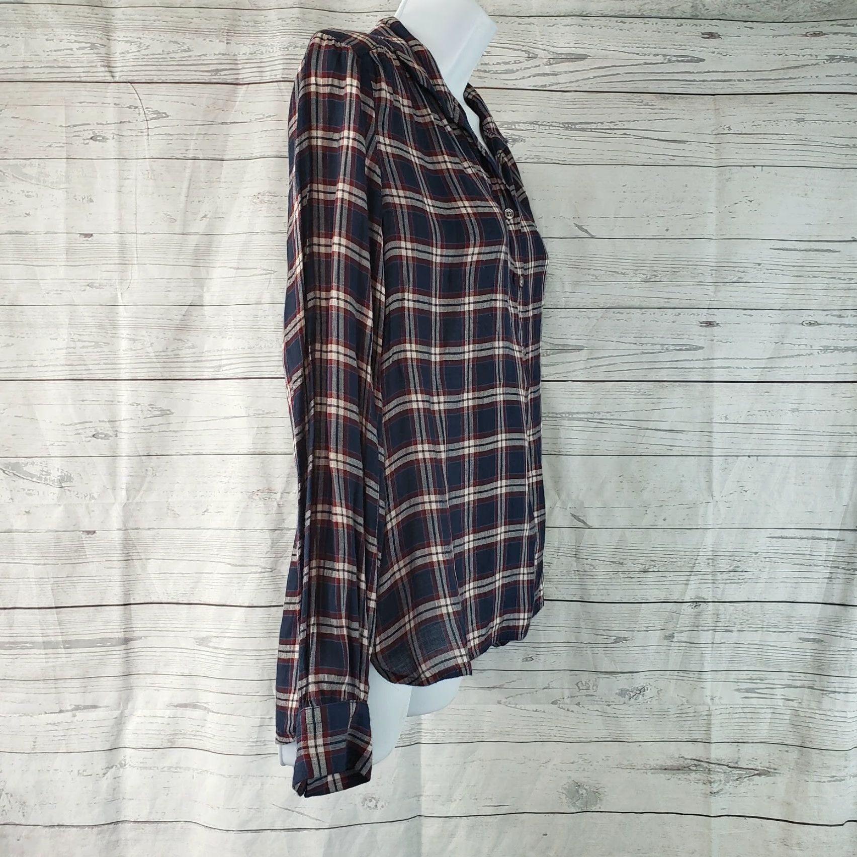 Loft Ann Taylor LOFT Womens Shirt Sz Small Blue Plaid Rayon Popover The Softened Size S / US 4 / IT 40 - 3 Thumbnail