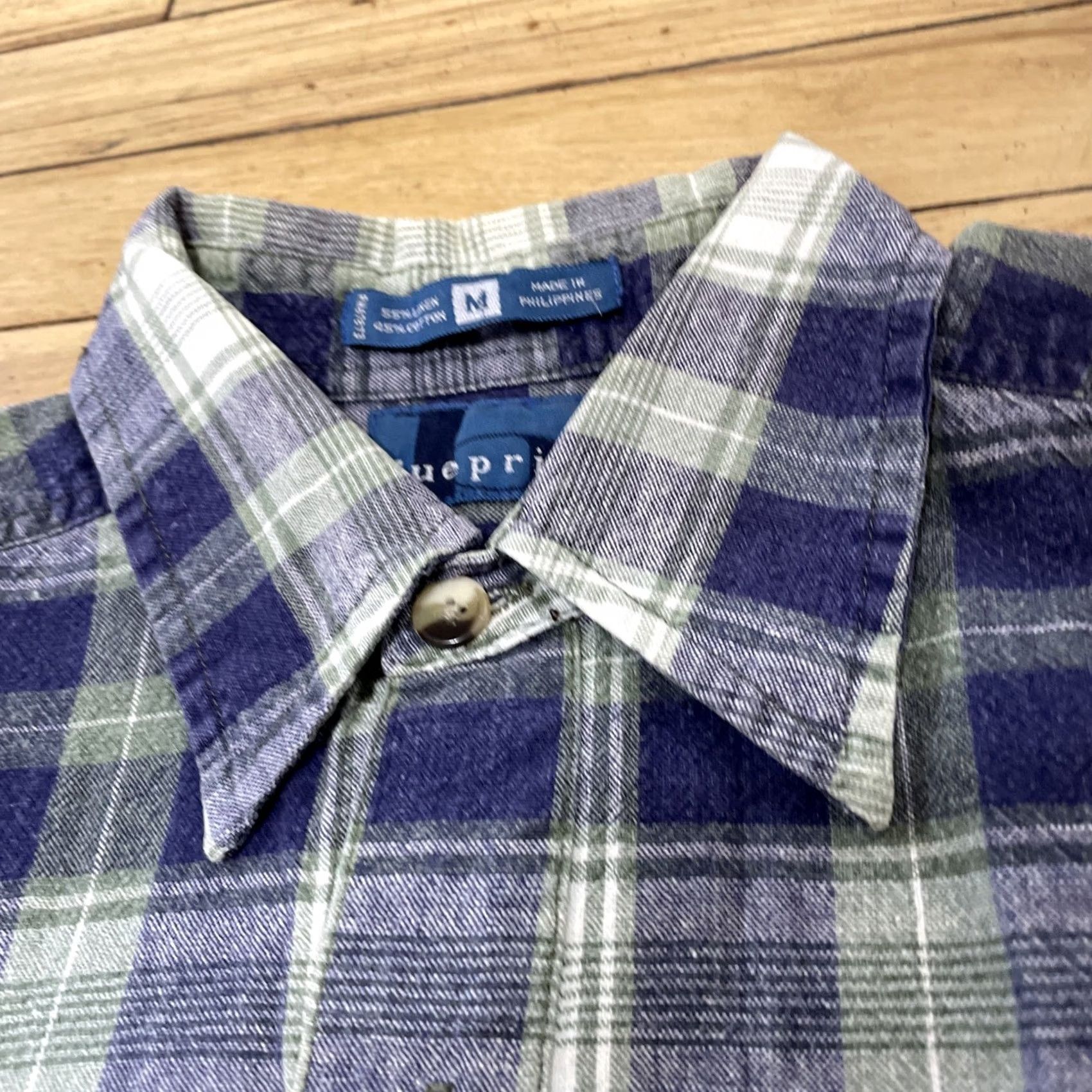 Vintage BLUEPRINT Shirt Men M Button-Up 44" Plaid Linen Cotton Vintage Blue Green Retro Short Sleeve Vintage Mens Size US M / EU 48-50 / 2 - 3 Thumbnail