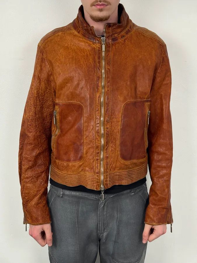 Vintage 2000s Massimo Rebecchi Cognac Biker Leather Jacket Size US M / EU 48-50 / 2 - 1 Thumbnail
