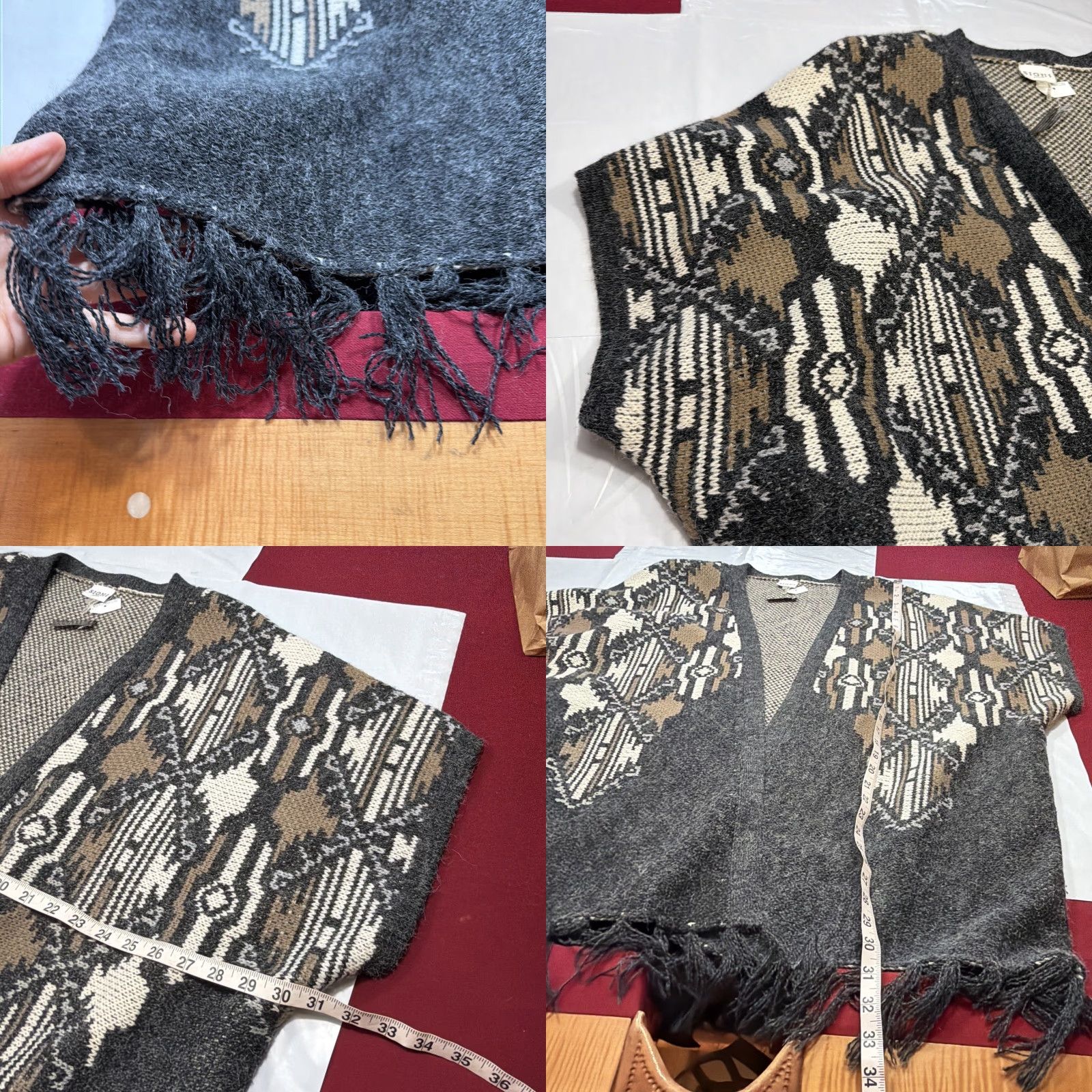 Vintage Sioni Cardigan Geometric Fuzzy Knit Open Front Fringe Slouchy 3XL Gray Tan White Womens Sweater Bohemian Artsy Tribal Open Cardigan Size XXL / US 16-18 / IT 52-54 - 8 Thumbnail