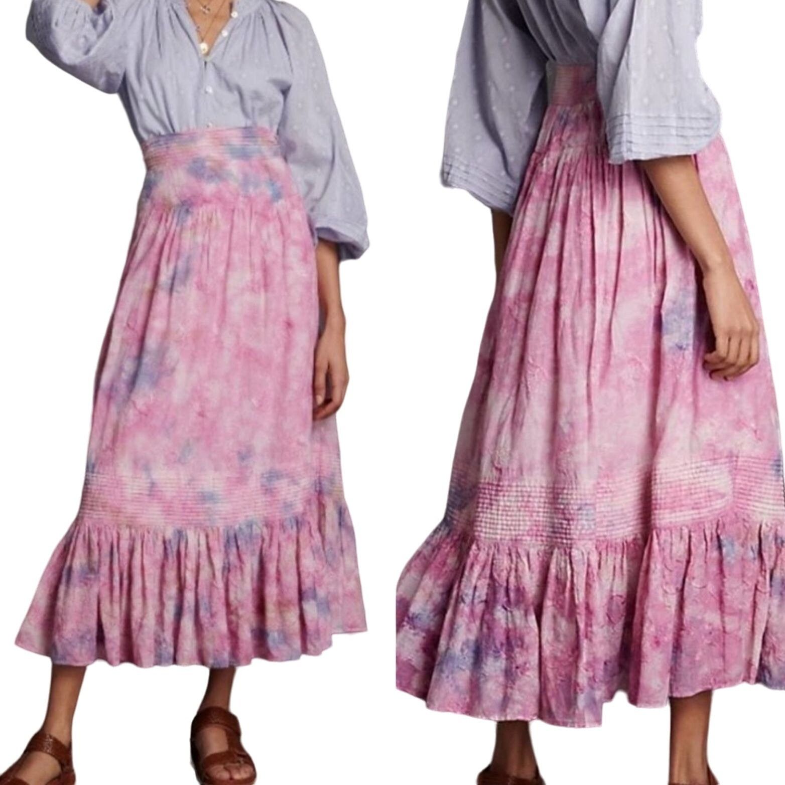 Anthropologie Anthropologie Maxi Skirt S Pink Cotton Tie-Dyed Tiered Embro Size 26" / US 2 / IT 38 - 2 Thumbnail