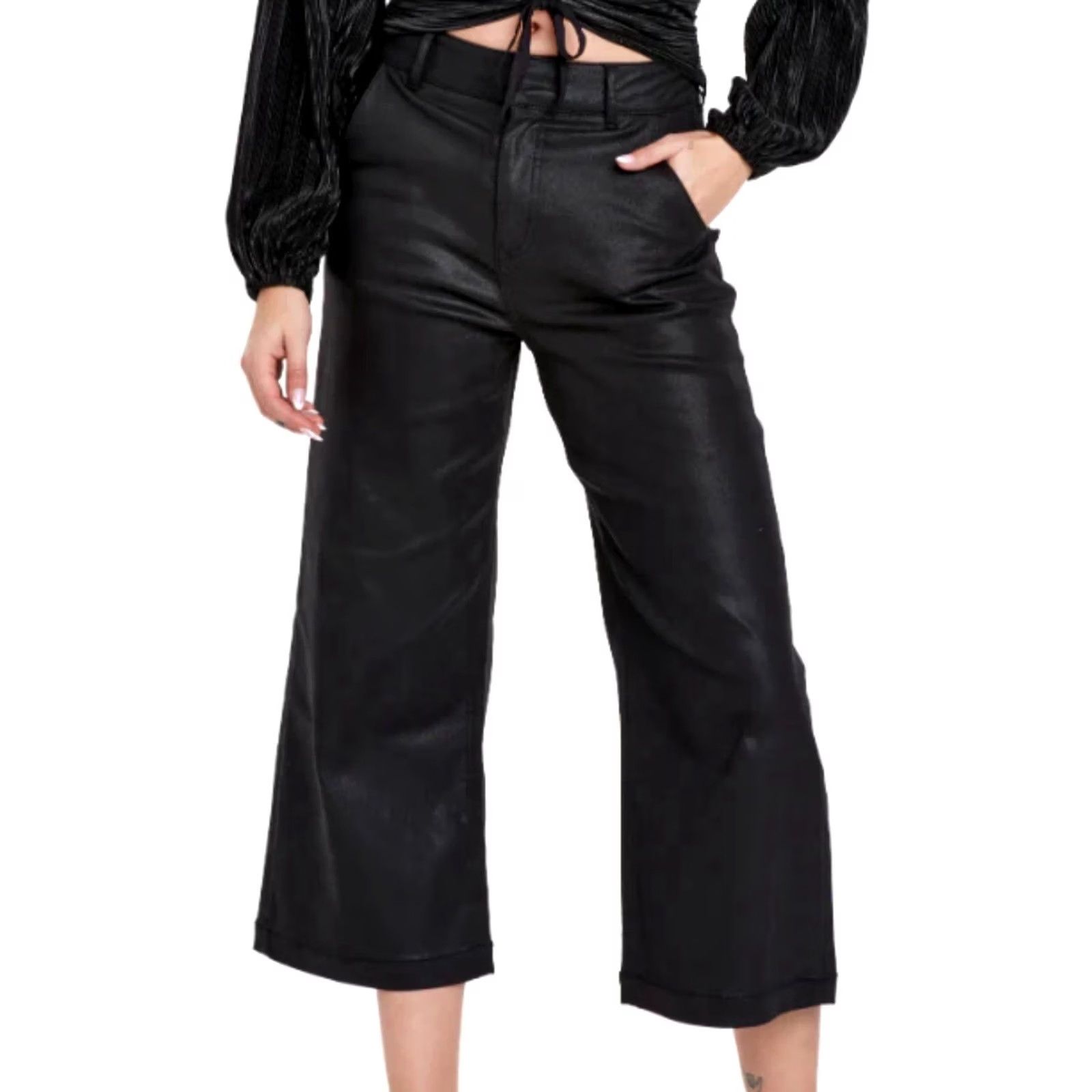 Vintage Dear John Jeans Womens Wide-Leg Black 33 High Rise Cropped Stretch Denim Cotton Blend Spandex Pocket 80s 90s Classic Modern Size 24" / US 00 / IT 34 - 2 Thumbnail