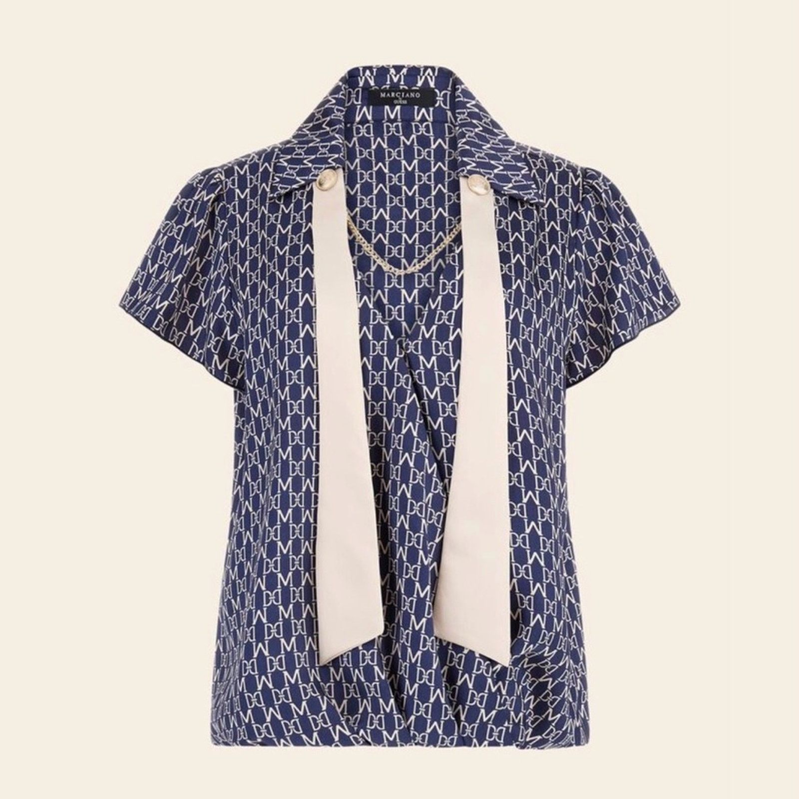 Other New Marciano Chic Navy Patterned Blouse with Tie & Chain XS Size S / US 4 / IT 40 - 2 Thumbnail