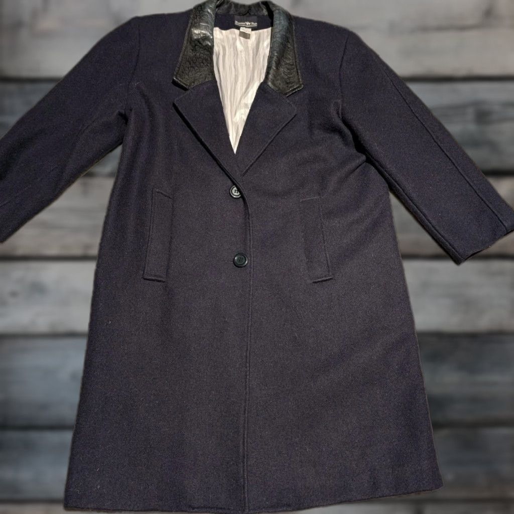 Hunter VINTAGE Hunters Run Wool Long Coat Jacket Size 11 Women's Gray Geometric Casual Winter with Leather Collar Size L / US 10 / IT 46 - 1 Thumbnail