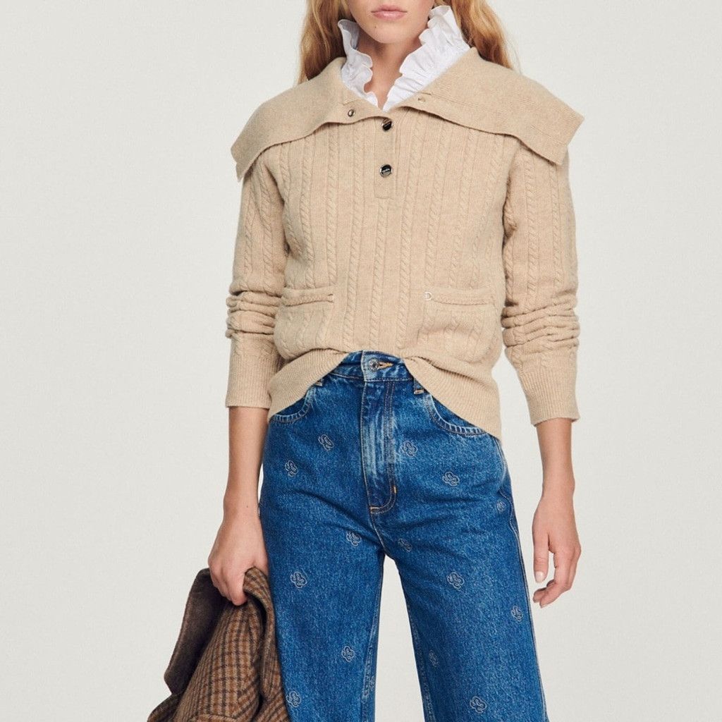 Sandro Sandro Gotham Oversized Collar Beige Wool Sweater 0 (XS) Size XS / US 0-2 / IT 36-38 - 2 Thumbnail