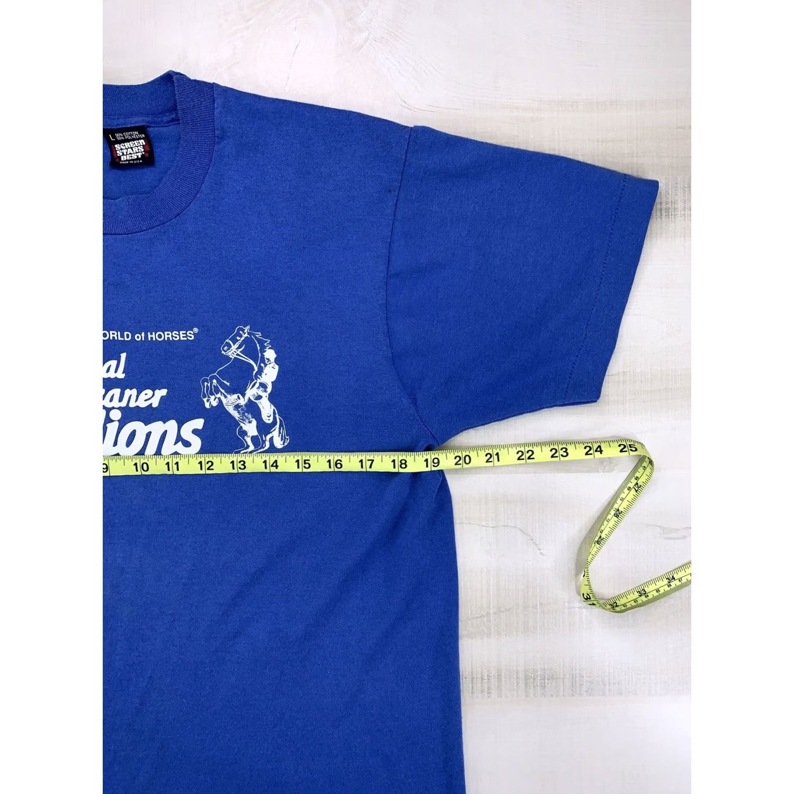 Vintage Vintage Screen Stars T-Shirt Blue L Short Sleeve Crew Neck Cotton Blend Unisex Adults Lipizzaner Stallions Graphic Stitch 80s 90s USA Mens Womens Size US L / EU 52-54 / 3 - 6 Thumbnail