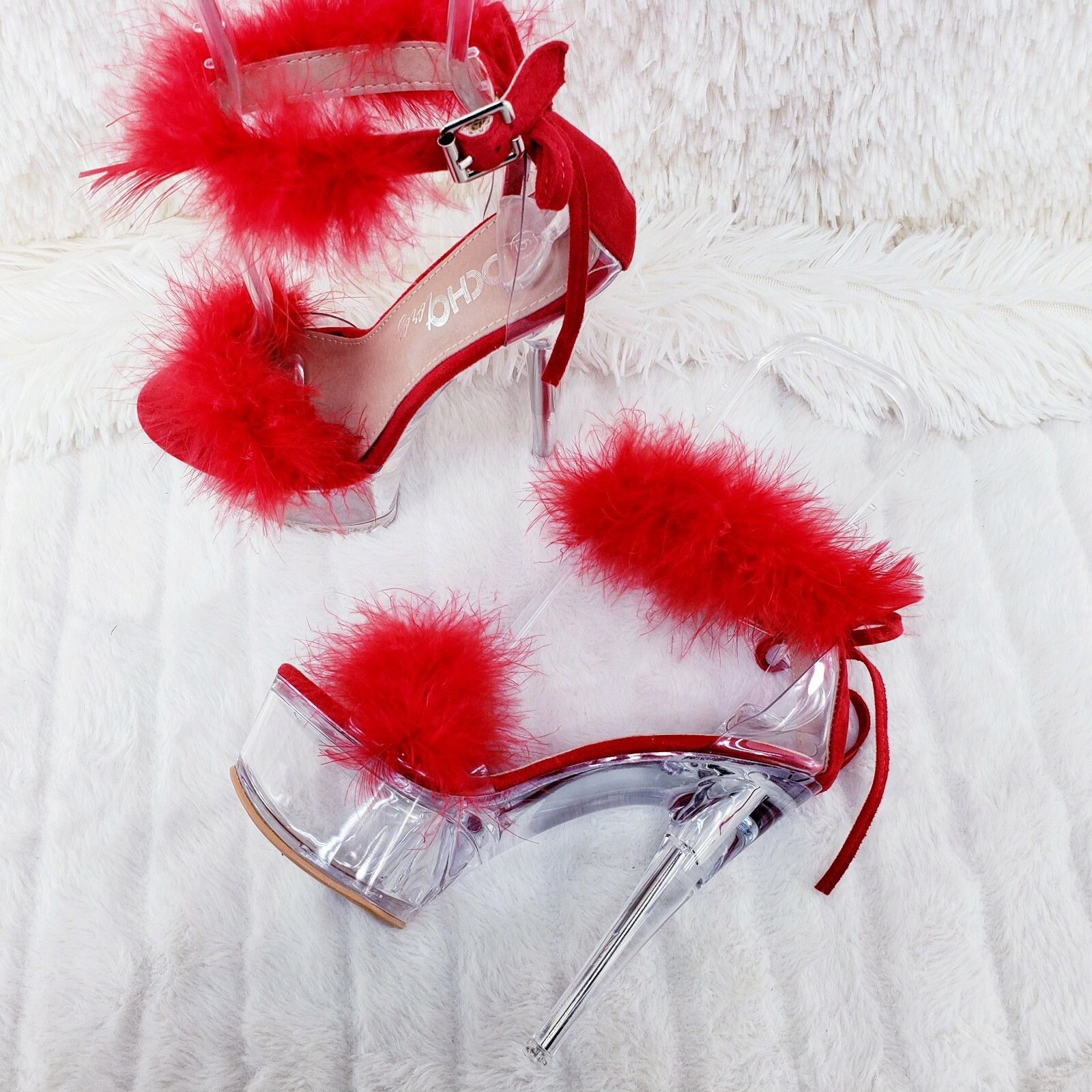 Other Red Marabou Feather Platform Shoes Sandals 6" High Heel Sand Size US 8 / IT 38 - 3 Thumbnail