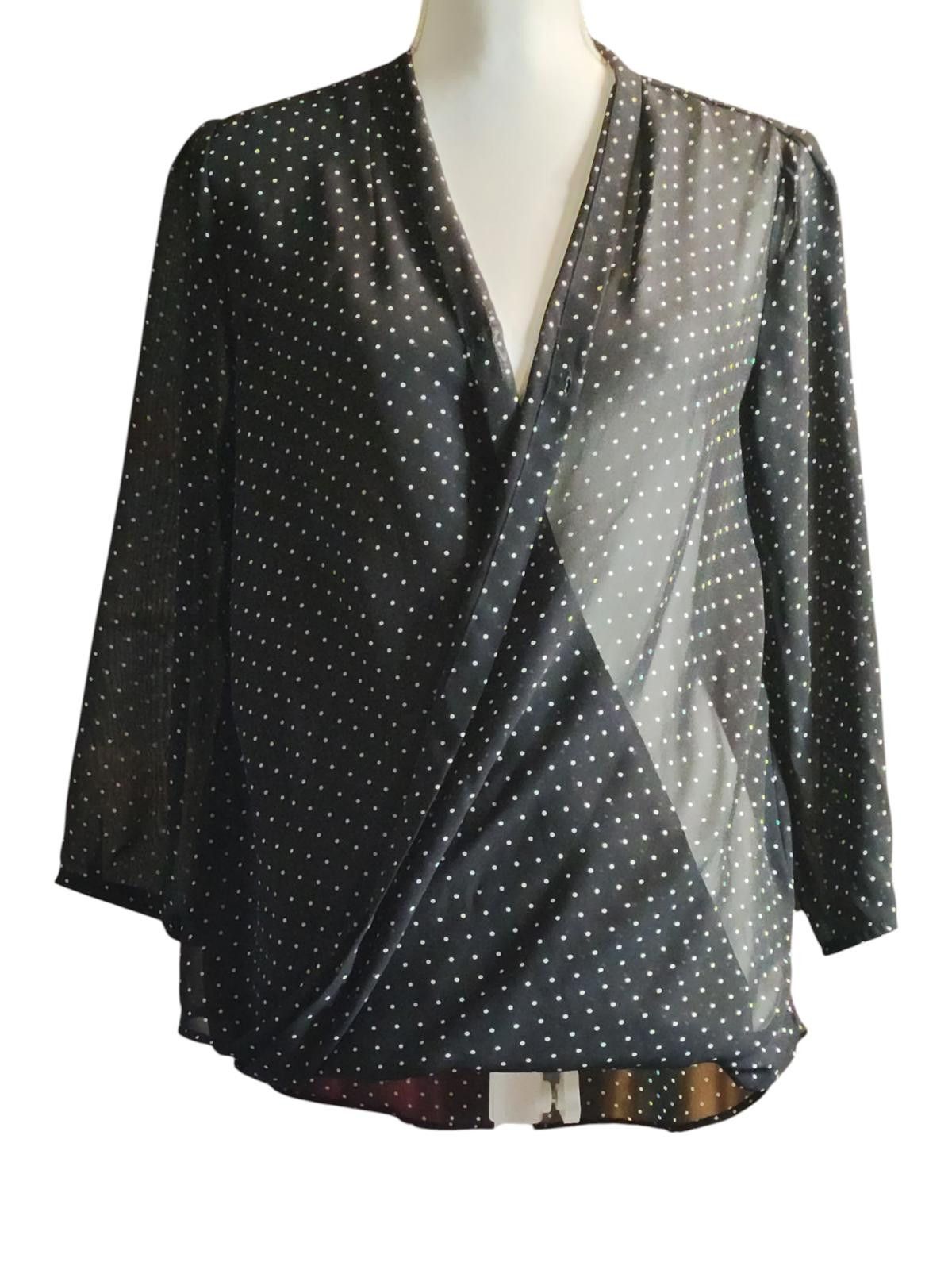 Designer Liz Claiborne Black Polka Dot Women's Wrap Top w 3/4 Sleeves Size M / US 6-8 / IT 42-44 - 3 Thumbnail