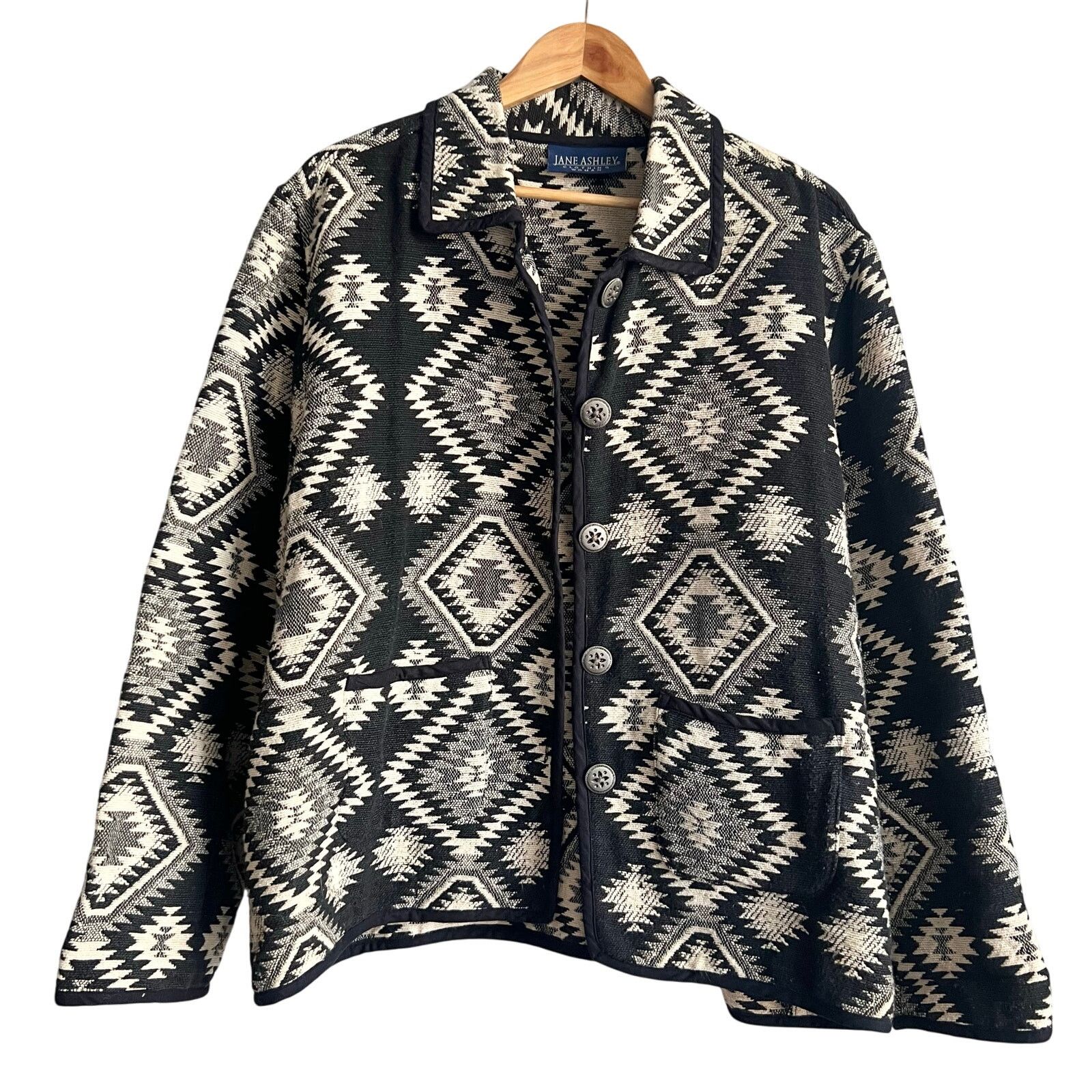 Other Vintage Jane Ashley Cross Knit Aztec black N White Jacket XL Size US XL / EU 56 / 4 - 1 Thumbnail