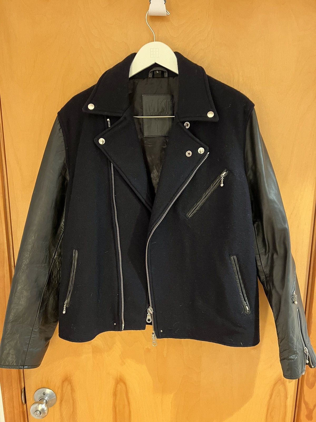 MKI blue black wool leather biker jacket large