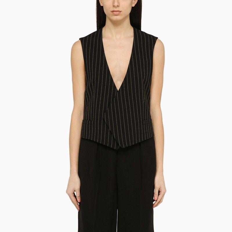image of Ami Paris Black Pinstripe Asymmetrical Wool Waistcoat, Women's (Size Medium)