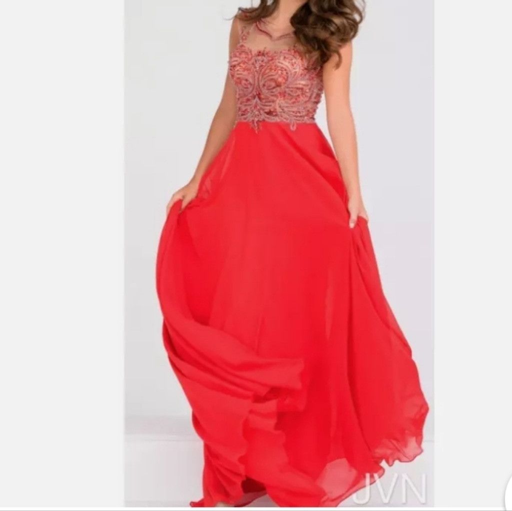 The Unbranded Brand Jovani embellished beaded illusion chiffon red gown  dress 0 | Grailed