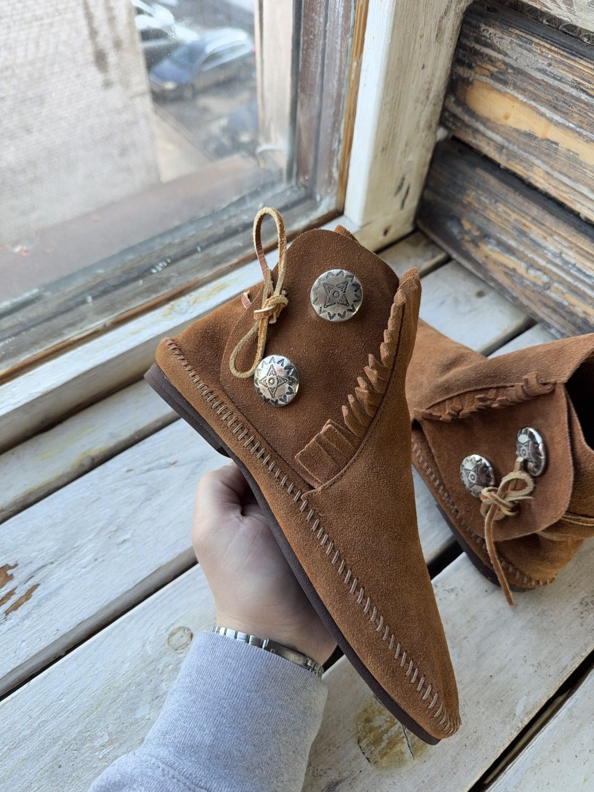 Vintage Vintage 00s Western USA Made Suede Fringe Moccasin Boots Size US 7 / IT 37 - 3 Thumbnail