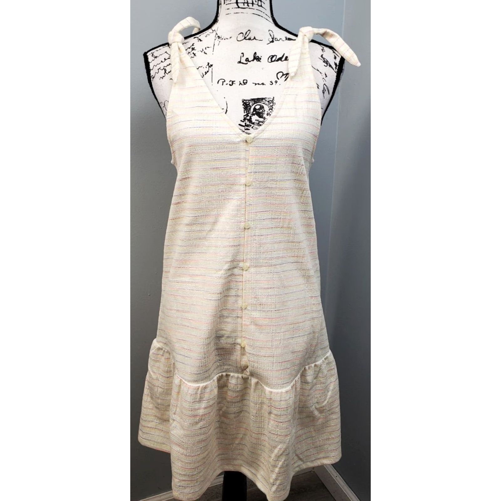 Loft LOFT Ann Taylor Tank Dress Womens Small Multicolor Striped Tie Shoulder Button Front V-Neck Sleeveless Midi Casual Dress Womens Size S Size S / US 4 / IT 40 - 2 Thumbnail