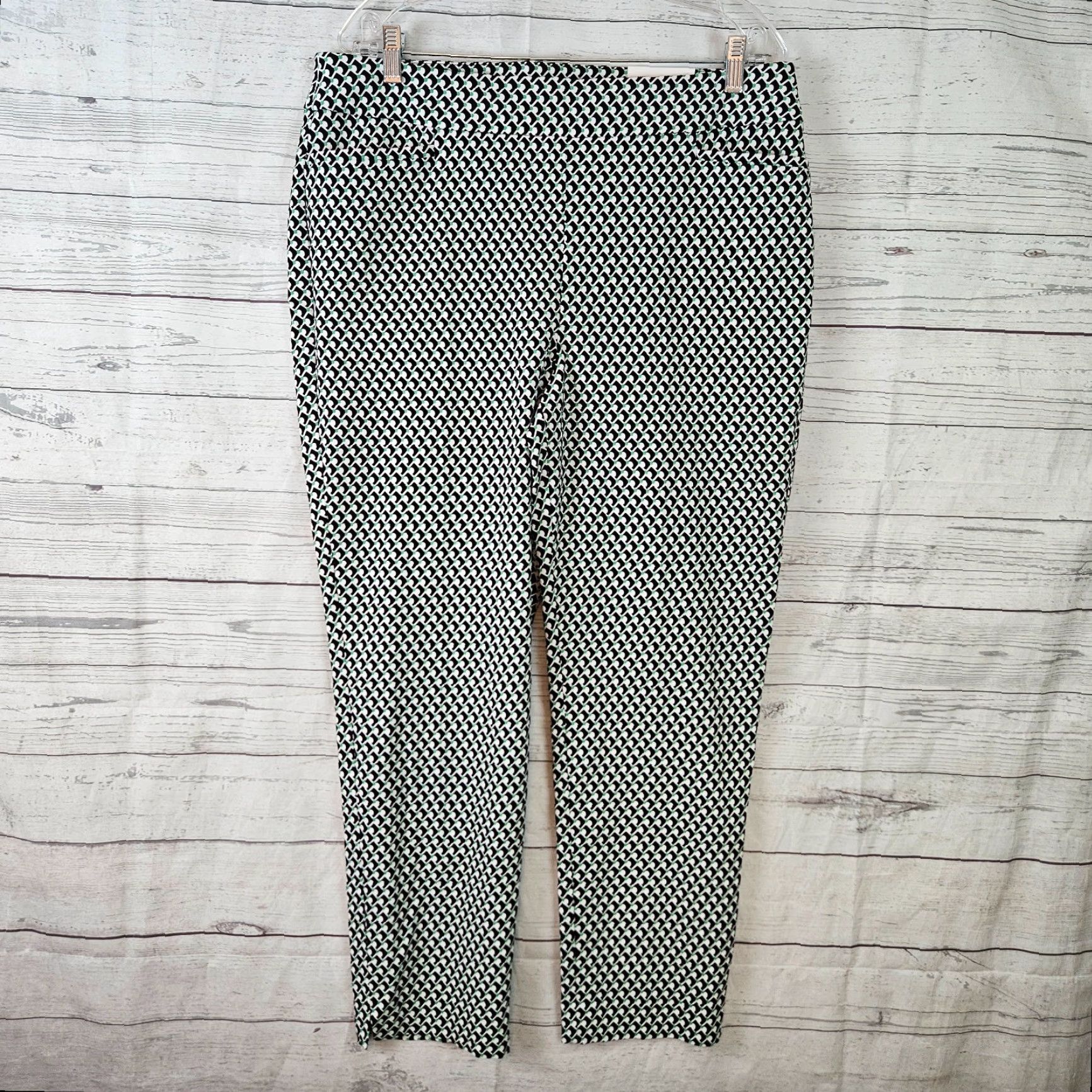 Vintage Chico's Womens Brigitte Slim Leg Ankle Pants Sz 14 Black Green Slimming Cotton Rayon Spandex Geometric Inseam 27" Vintage No Size 36" / US 14 / IT 50 - 2 Thumbnail
