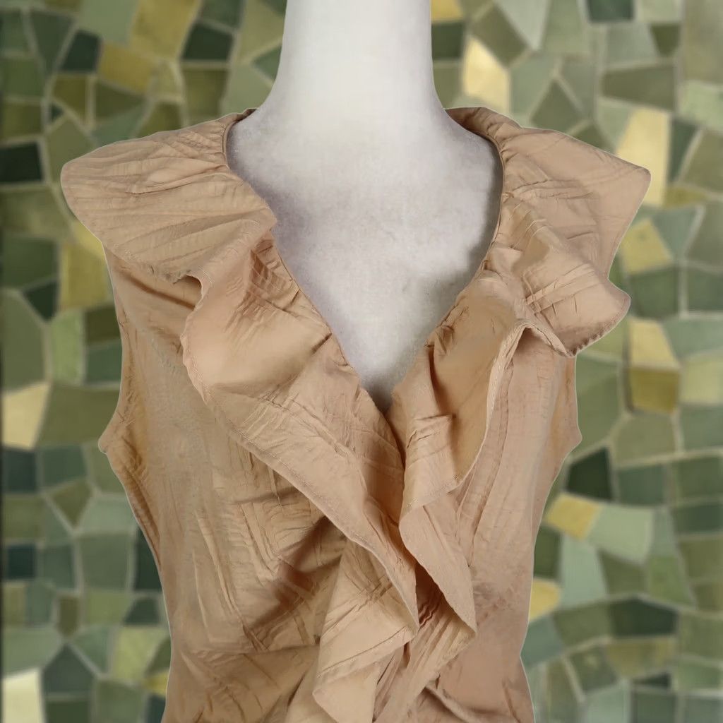 Vintage Farinaz Taghavi Tan Blouse Top Sleeveless Ruffle Front Size 8 Size M / US 6-8 / IT 42-44 - 1 Thumbnail