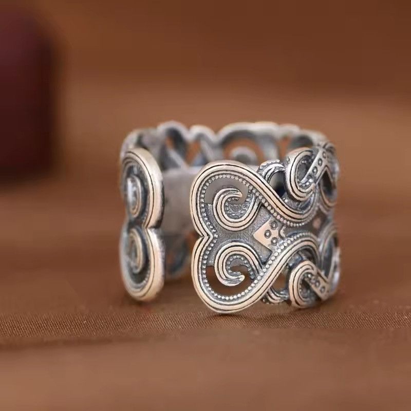 Jewelry × Vintage Hollow Tang Grass Pattern Black Stone Adjustable Ring Size ONE SIZE - 4 Thumbnail