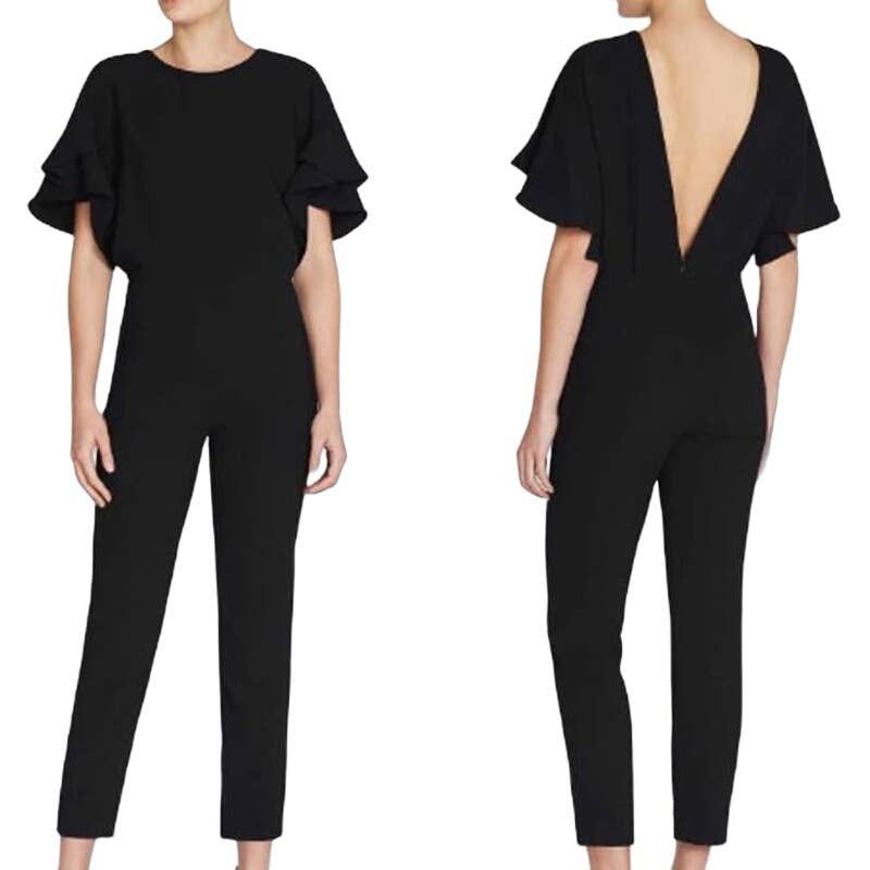 image of Iro Ruffled Crepe Singles Open V-Back Cropped Jumpsuit Black, Women's (Size 26)