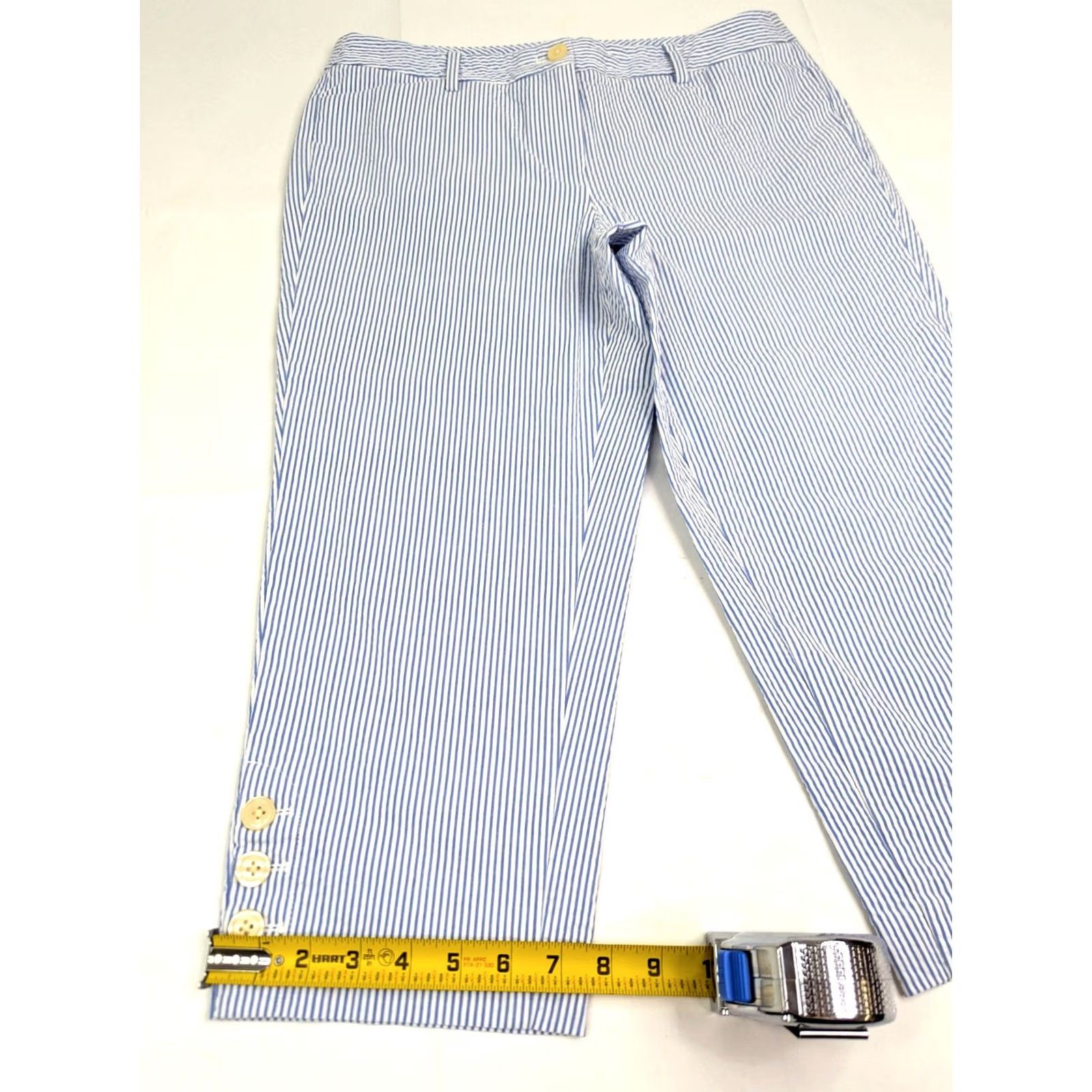 Talbots Talbots Capri Pants Women 10P Petite 32x20 Seersucker Striped Blue 90s Vintage Pant Casual Summer Knit Cotton Spandex Flat Front Buttons Cuffed Size 32" / US 10 / IT 46 - 2 Thumbnail