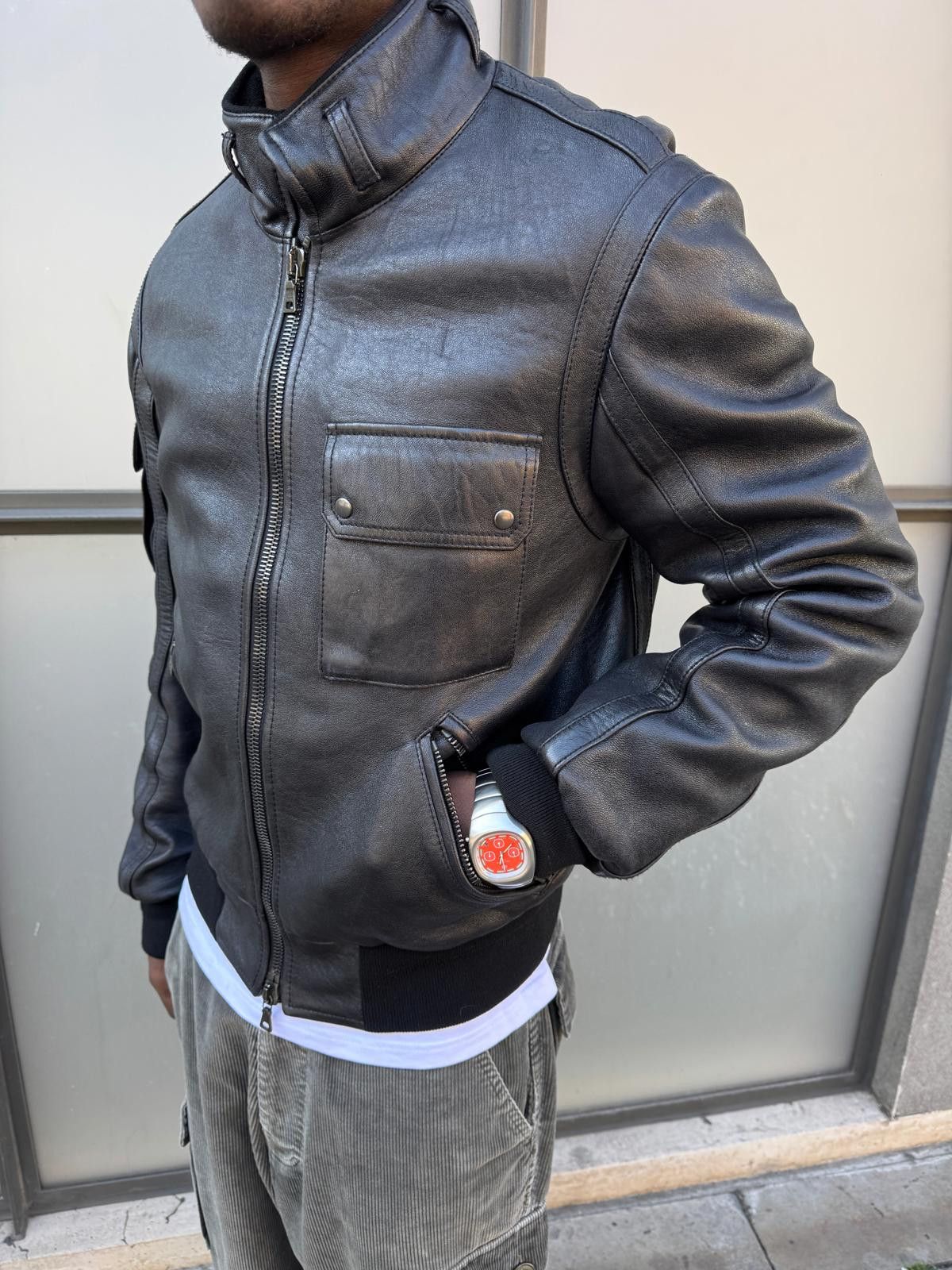 Early 2000's Prada Jet Black Leather Flight Jacket