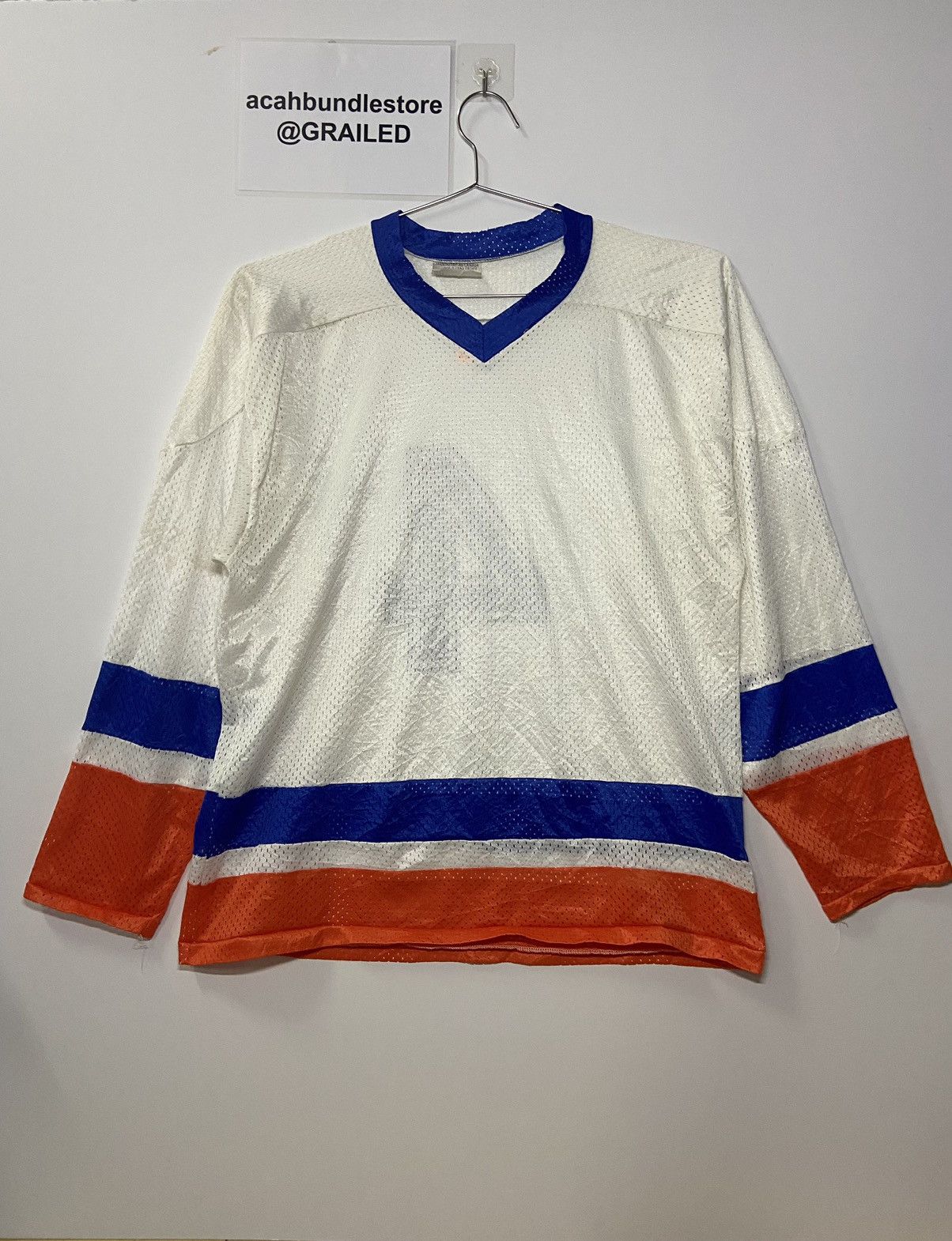 image of Vintage New York Islanders Oilers Hockey Jersey in White Blue Orange, Men's (Size Large)