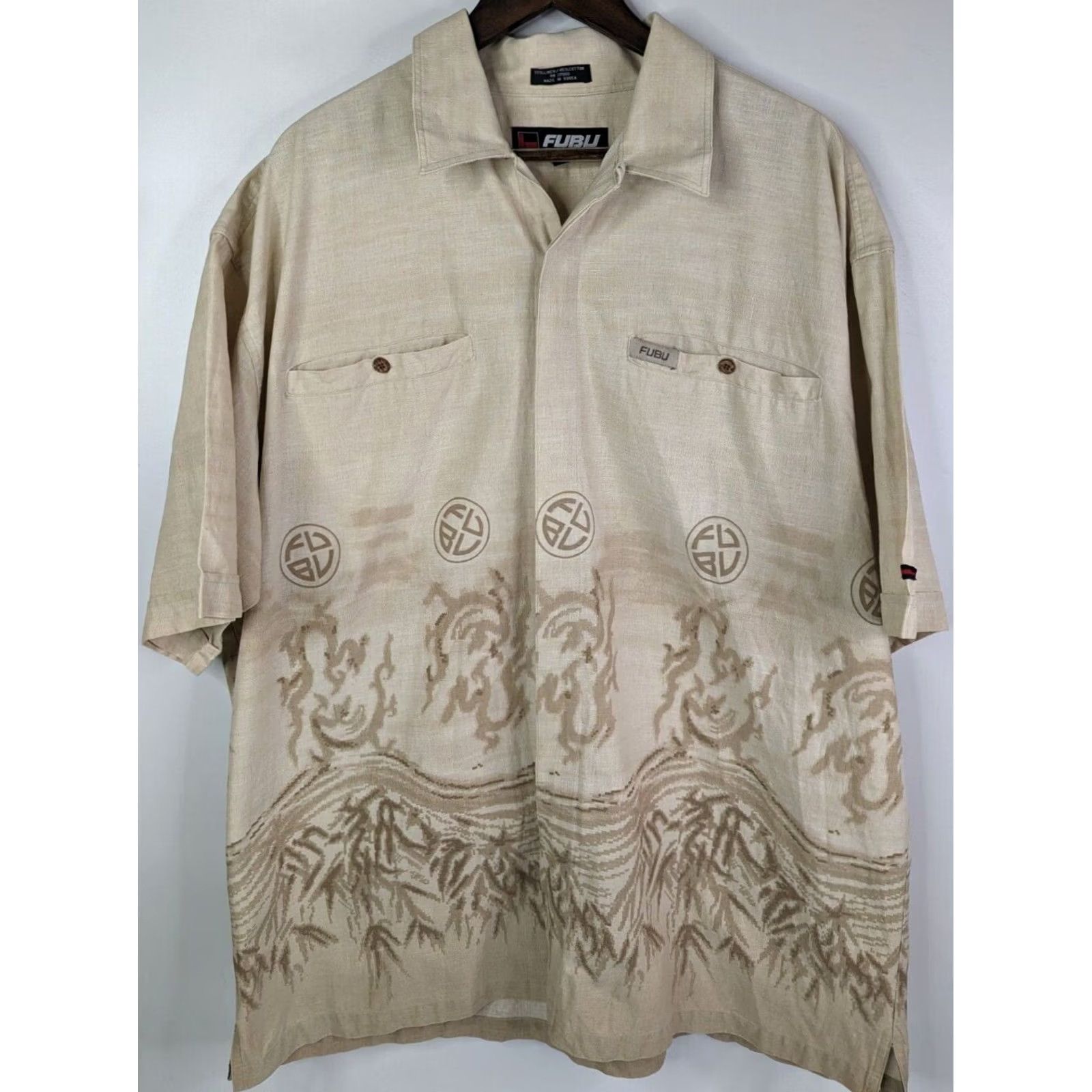 Fubu FUBU Shirt Dragon Beige Linen 2XL Short Sleeve Button-Up Collared Logo Fantasy Print Mens Size US XXL / EU 58 / 5 - 2 Thumbnail