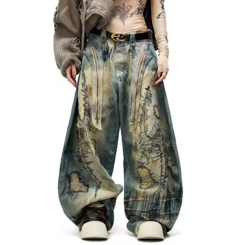 Jean Patchwork Streetwear Washed Embroidery Printed Dirty Jeans Size US 30 / EU 46 - 1 Thumbnail
