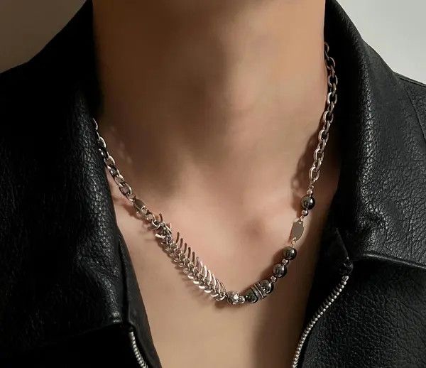 Jewelry Silver Chain Men's Necklace with Beaded and Leaf Design Size ONE SIZE - 8 Thumbnail