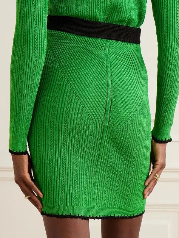 Balmain o1s1wg110825 Ribbed Pointelle Knit Mini Skirt in Green Size 30" / US 8 / IT 44 - 3 Thumbnail