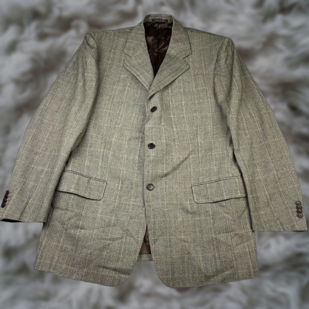 Cantarelli Cantarelli Blazer Men’s Flannel Wool Beige Glen Plaid 42R US | 52 EU Jacket Single-Breasted 3-Button Notch Luxury Italy Mens Size 42R - 1 Thumbnail