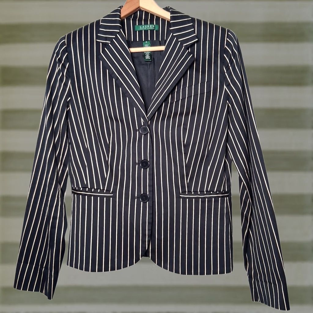 Ralph Lauren VINTAGE Lauren Ralph Lauren Blazer Women 4 Black Tan Striped Classic Preppy Cotton Silk Blazer Women 4 Black Tan Striped Size S / US 4 / IT 40 - 1 Thumbnail