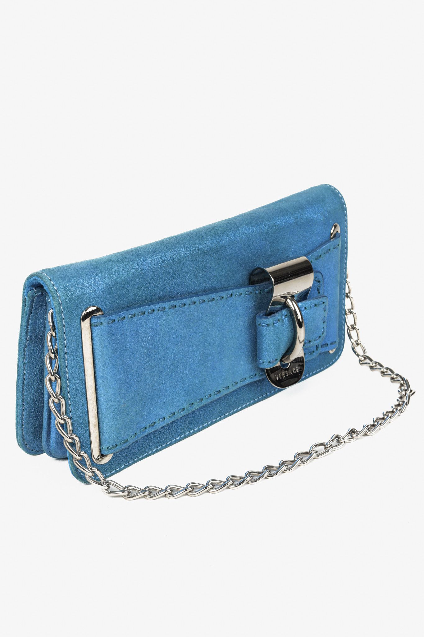 Versace Versace Metallic Aqua Blue Leather Clutch Size ONE SIZE - 9 Thumbnail