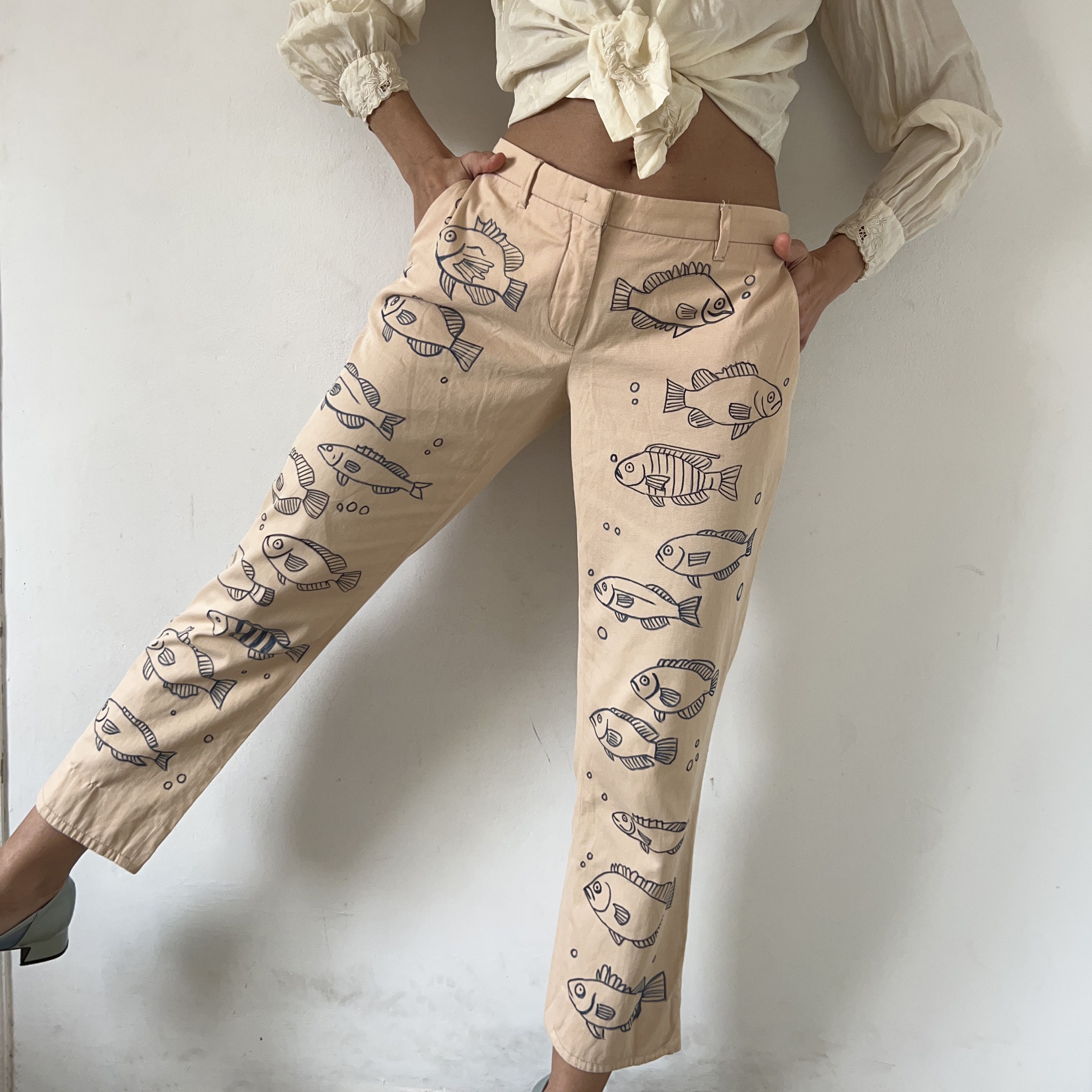 Miu Miu Custom Miu Miu painted fish pink cotton low rise pants Size 30" / US 8 / IT 44 - 3 Thumbnail