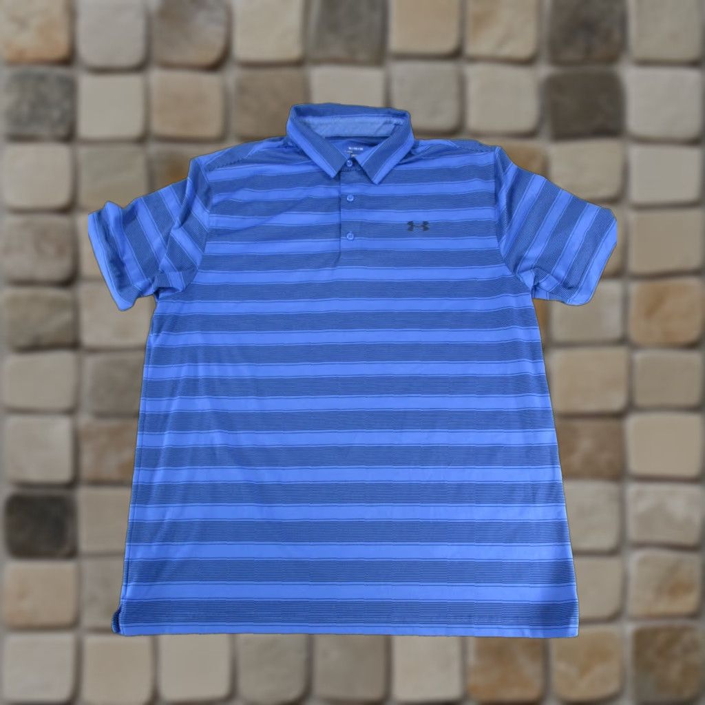 Under Armour VINTAGE Under Armour Polo Shirt Mens XL Blue Striped Golf HeatGear Short Sleeve Collared 3-Button Mens Size US XL / EU 56 / 4 - 1 Thumbnail