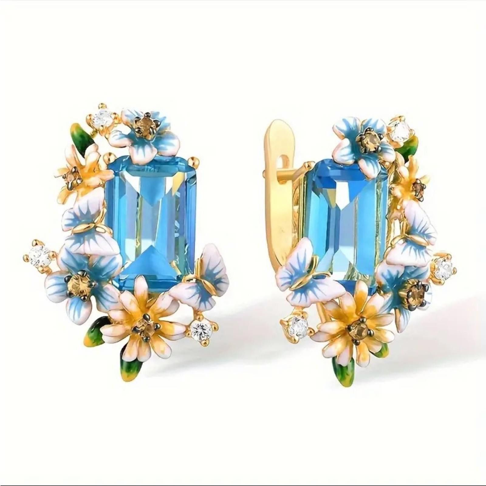 Designer Elegant Blue and Gold Floral Earrings Size ONE SIZE - 3 Thumbnail
