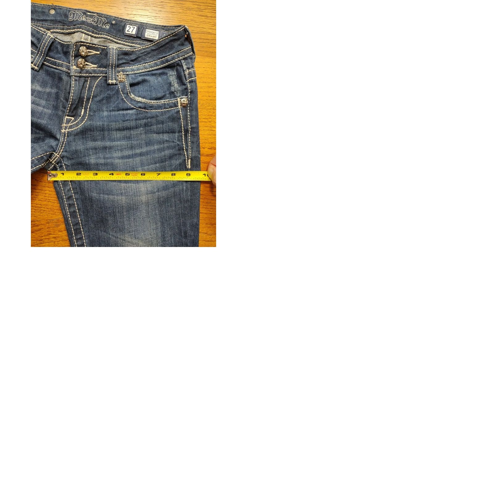 Miss Me Miss Me Jeans Size 27 Straight Denim 5-Pocket Embellished Rhinestone Low Rise Biker Flap Pocket Blue Womens Size 27" / US 4 / IT 40 - 9 Thumbnail